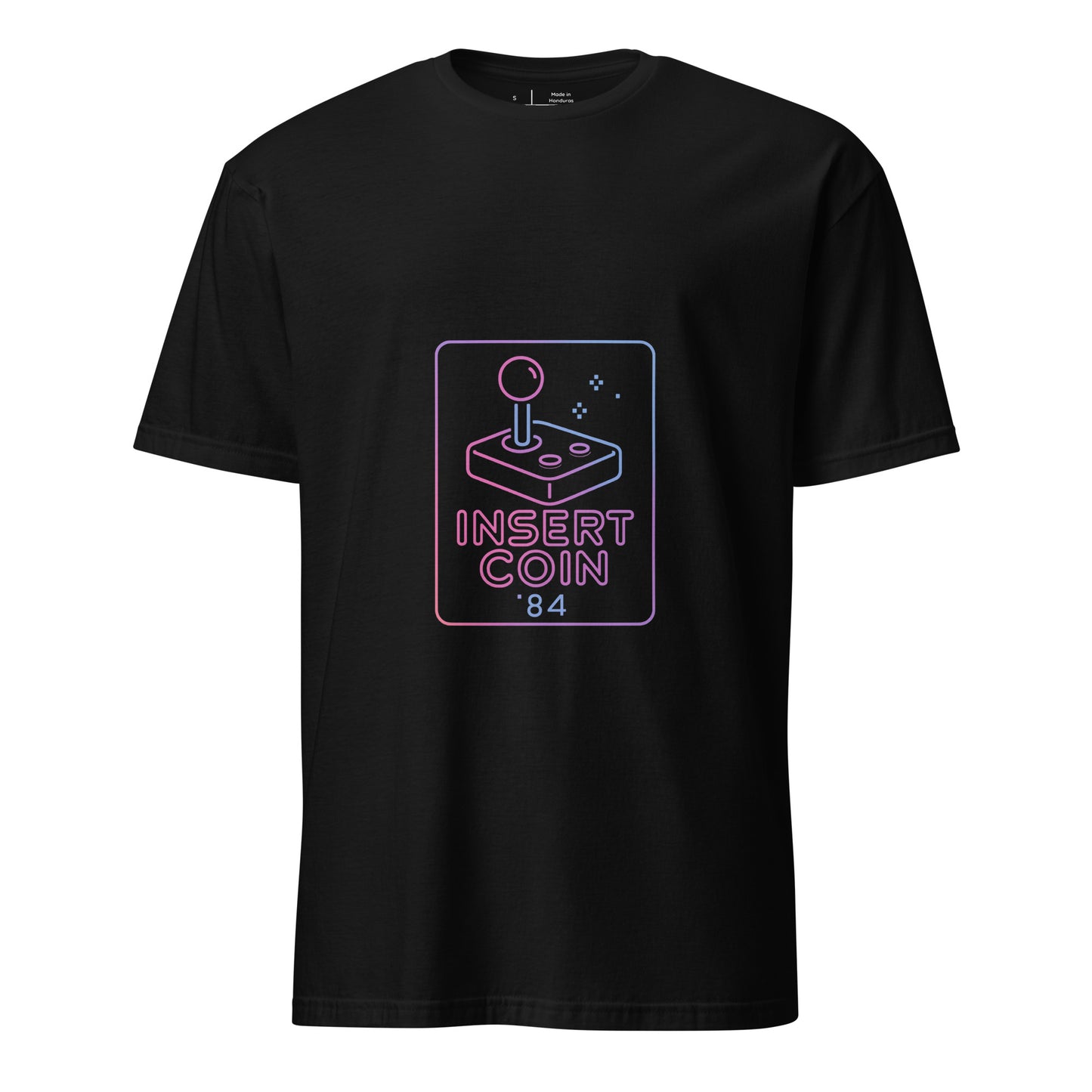 Insert Coin 84 – Retro Joystick Neon - Short-Sleeve Unisex T-Shirt - Graphic Tee - Black - Front