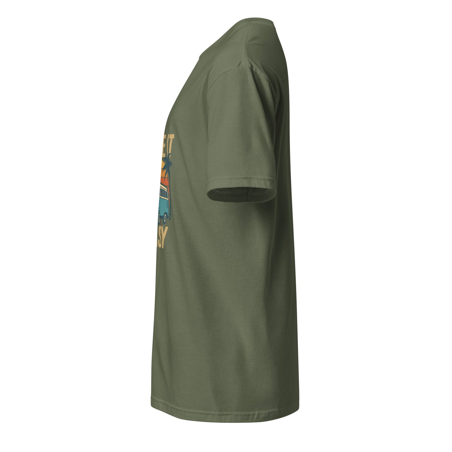 Take It Easy – Retro Sunset Camper - Short-Sleeve Unisex T-Shirt - Graphic Tee - Military Green - Left side