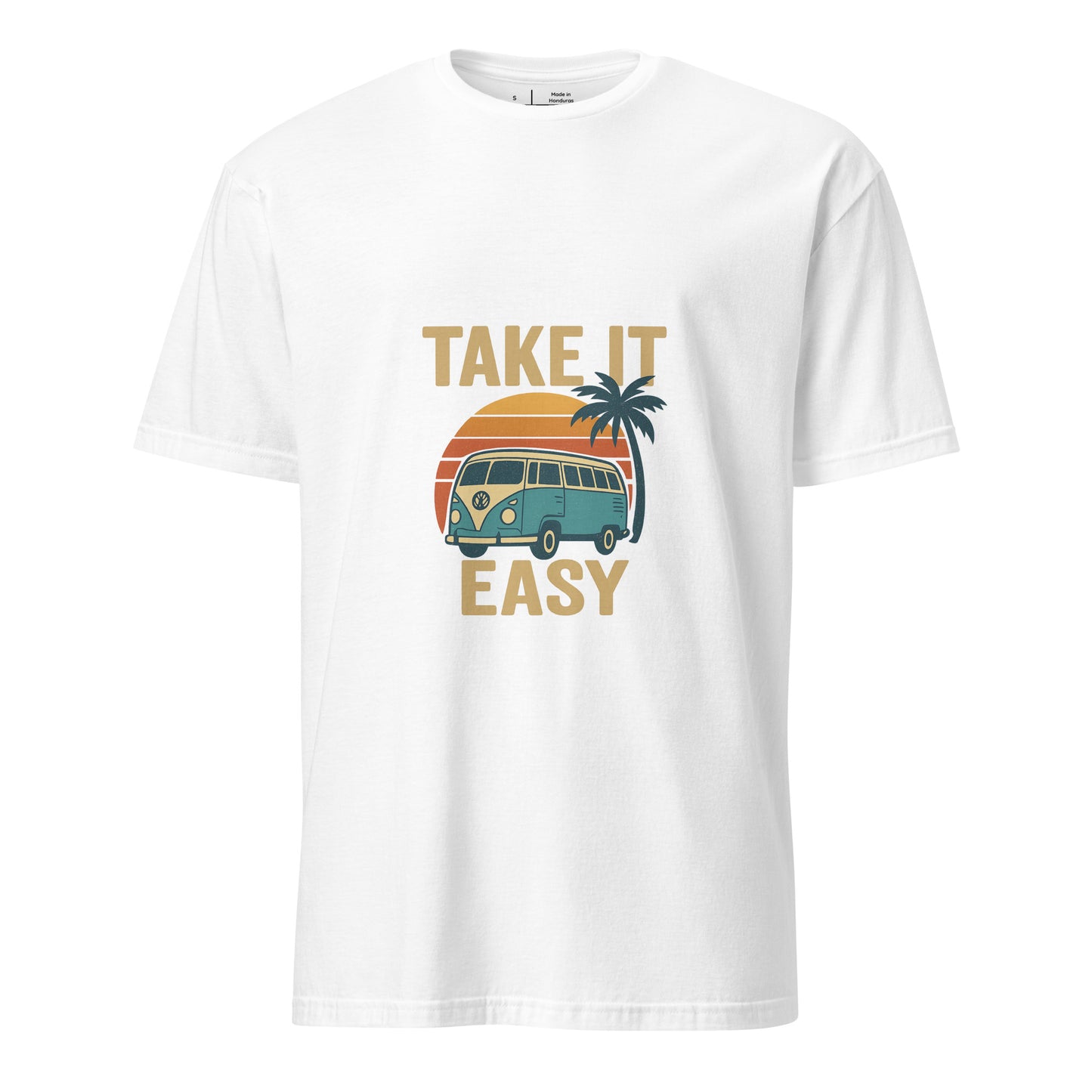 Take It Easy – Retro Sunset Camper - Short-Sleeve Unisex T-Shirt - Graphic Tee - White - Front