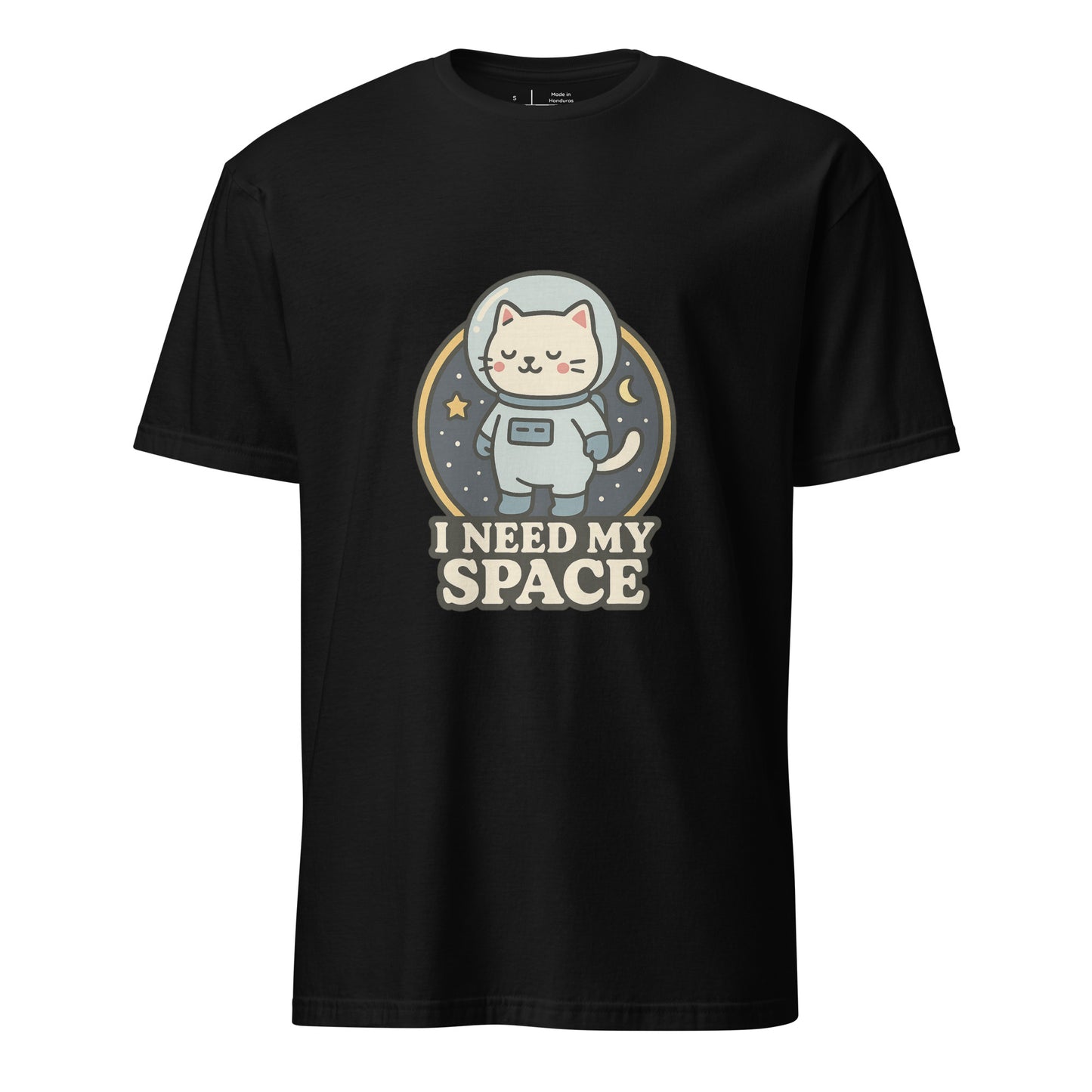 I Need Space – Lucky Cat Astronaut - Short-Sleeve Unisex T-Shirt - Graphic Tee - Black - Front