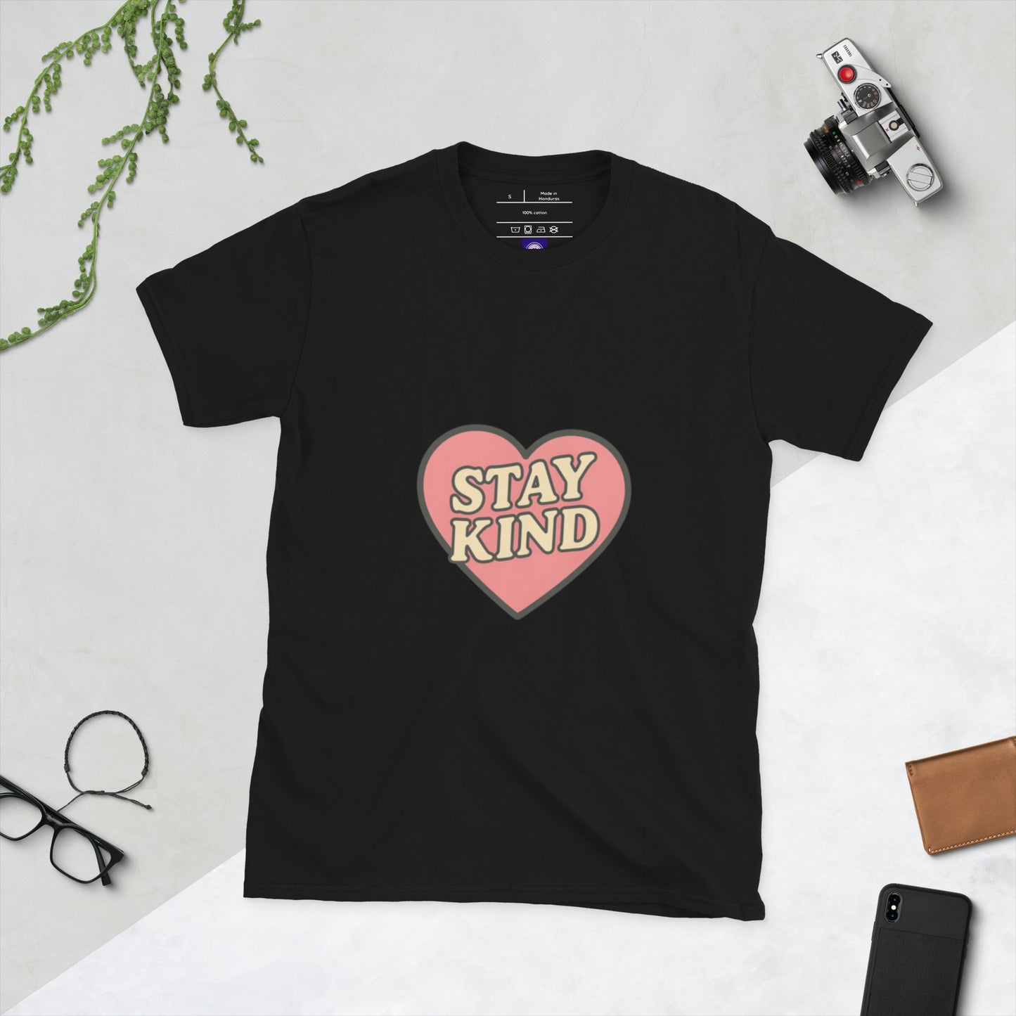 Stay Kind – Retro Heart Typography - Short-Sleeve Unisex T-Shirt - Graphic Tee - Black - Front