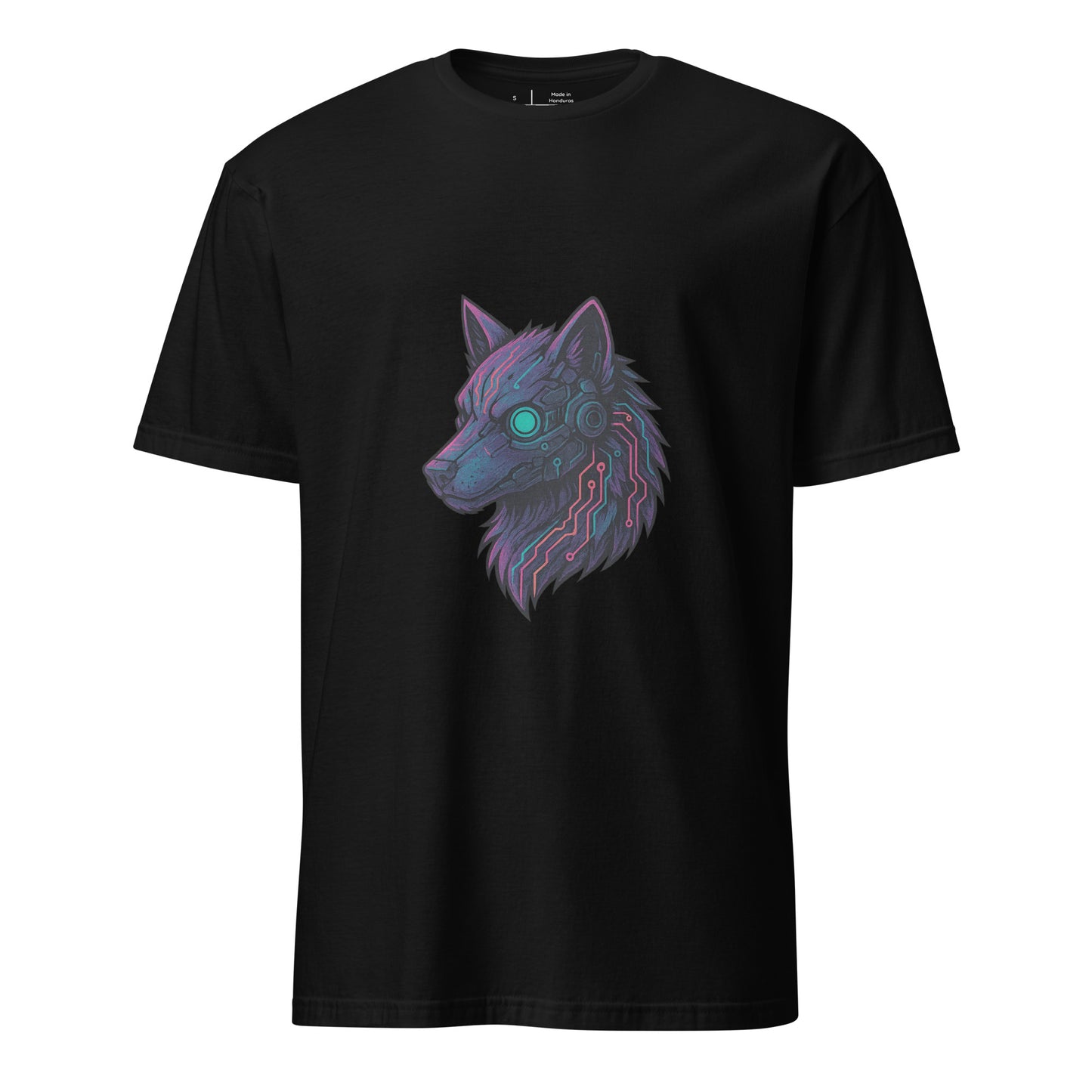 Cyber Wolf – Neon Sentinel - Short-Sleeve Unisex T-Shirt - Graphic Tee - Black - Front