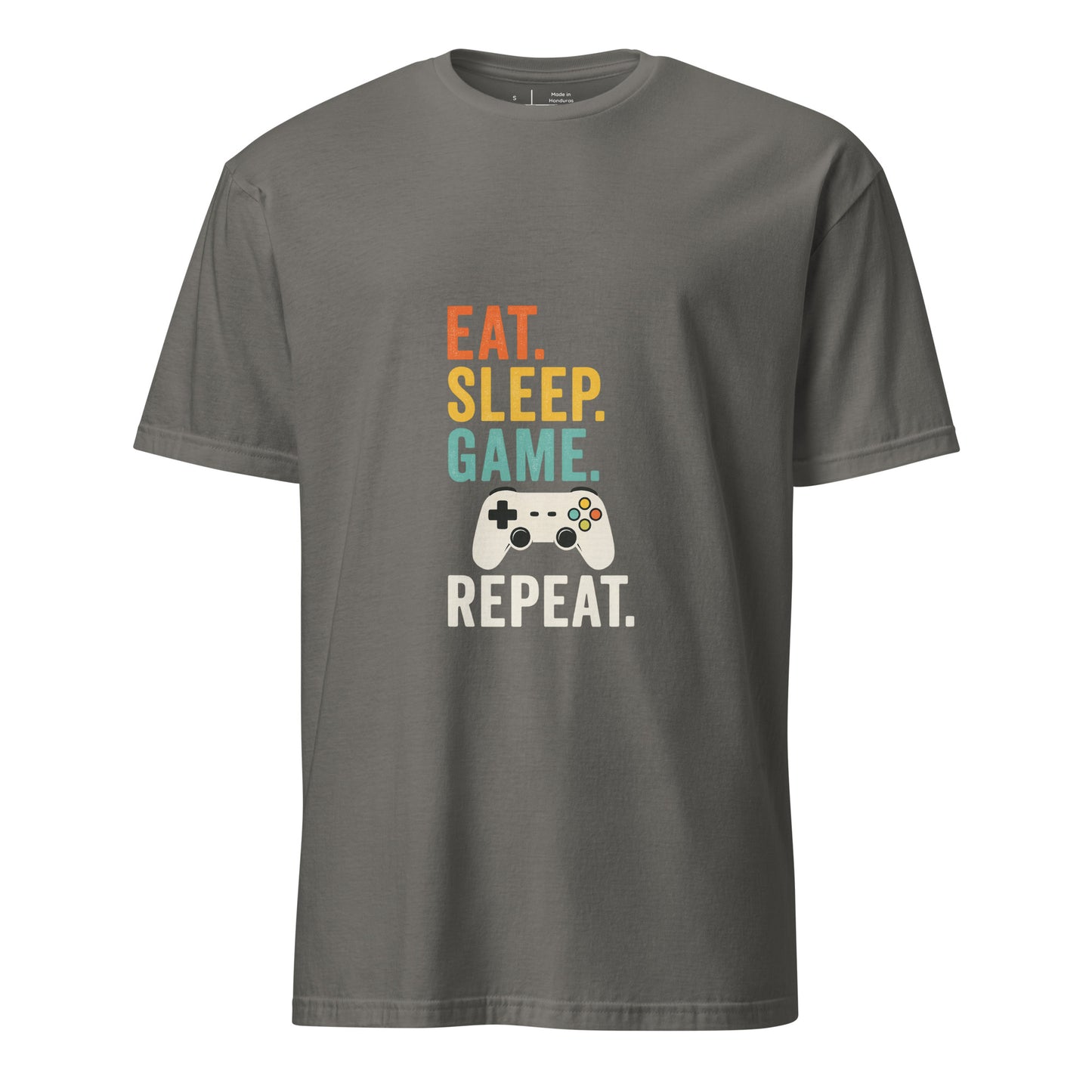 "Eat. Sleep. Game. Repeat." Retro Gamer - Short-Sleeve Unisex T-Shirt - Graphic Tee - Charcoal - Front