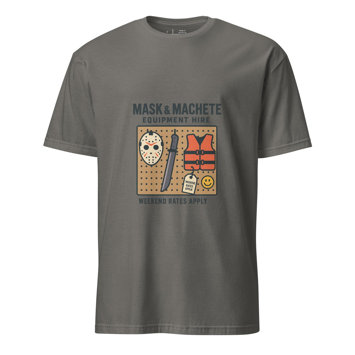 Mask & Machete Equipment Hire – For All Your Slasher Needs - Short-Sleeve Unisex T-Shirt - Graphic Tee - Charcoal - Front