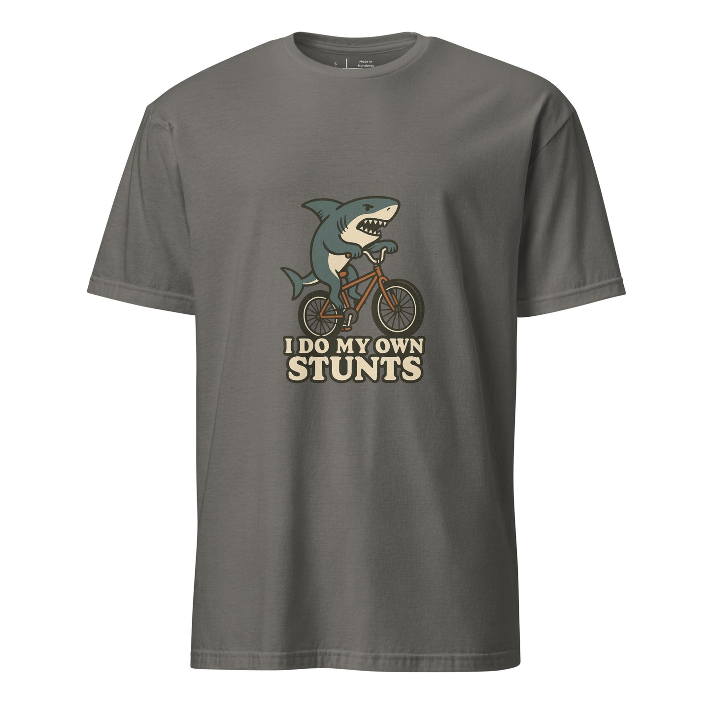 I Do My Own Stunts – Cartoon Shark BMX - Short-Sleeve Unisex T-Shirt - Graphic Tee - Charcoal - Front