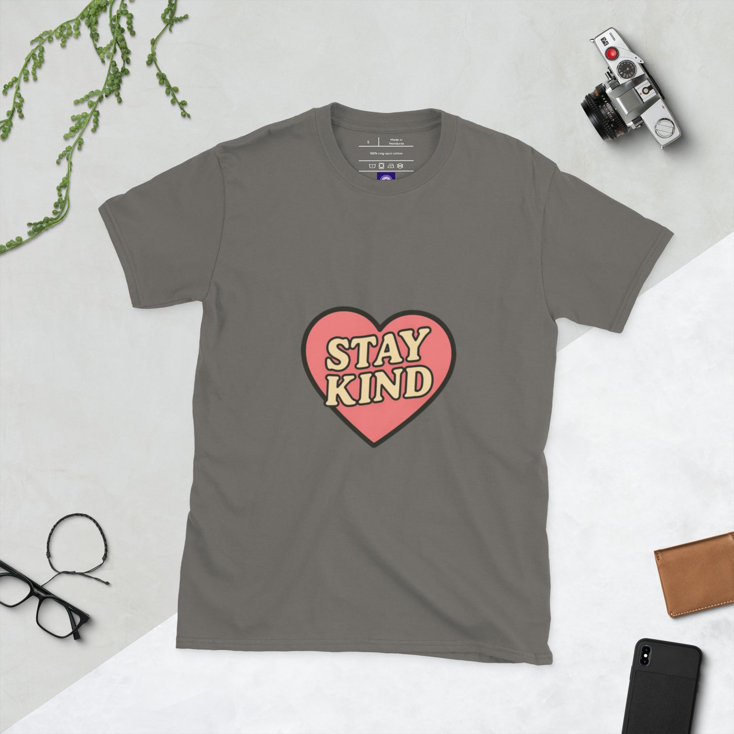 Stay Kind – Retro Heart Typography - Short-Sleeve Unisex T-Shirt - Graphic Tee - Charcoal - Front