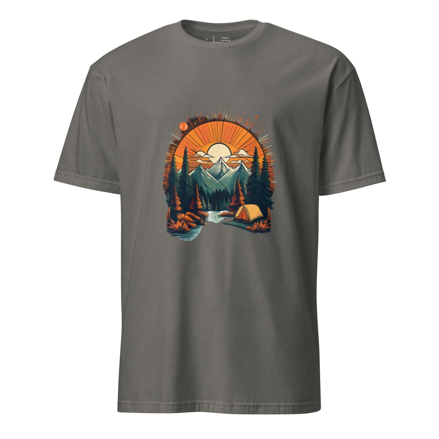 Golden Sunset Camping Escape – Adventure - Short-Sleeve Unisex T-Shirt - Graphic Tee - Charcoal - Front