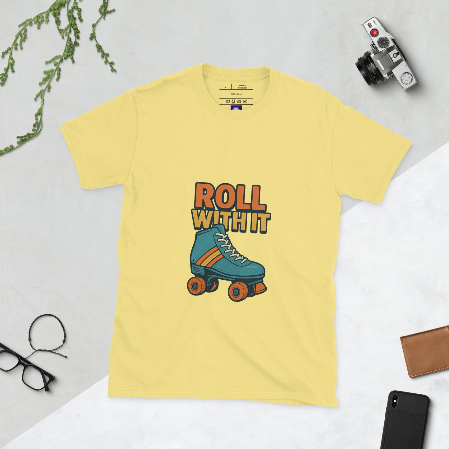 Roll With It - Retro Roller Skate Vibes - Short-Sleeve Unisex T-Shirt - Graphic Tee - Cornsilk - Front