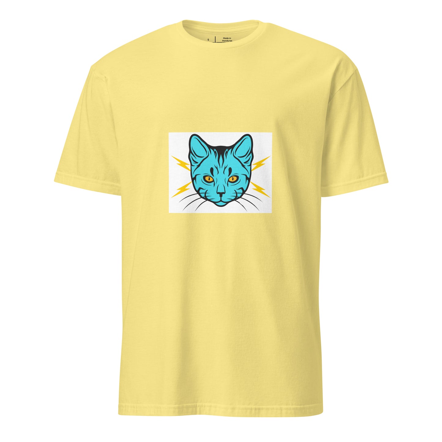 Electro Cat - Urban Cartoon Feline - Short-Sleeve Unisex T-Shirt - Graphic Tee - Cornsilk - Front