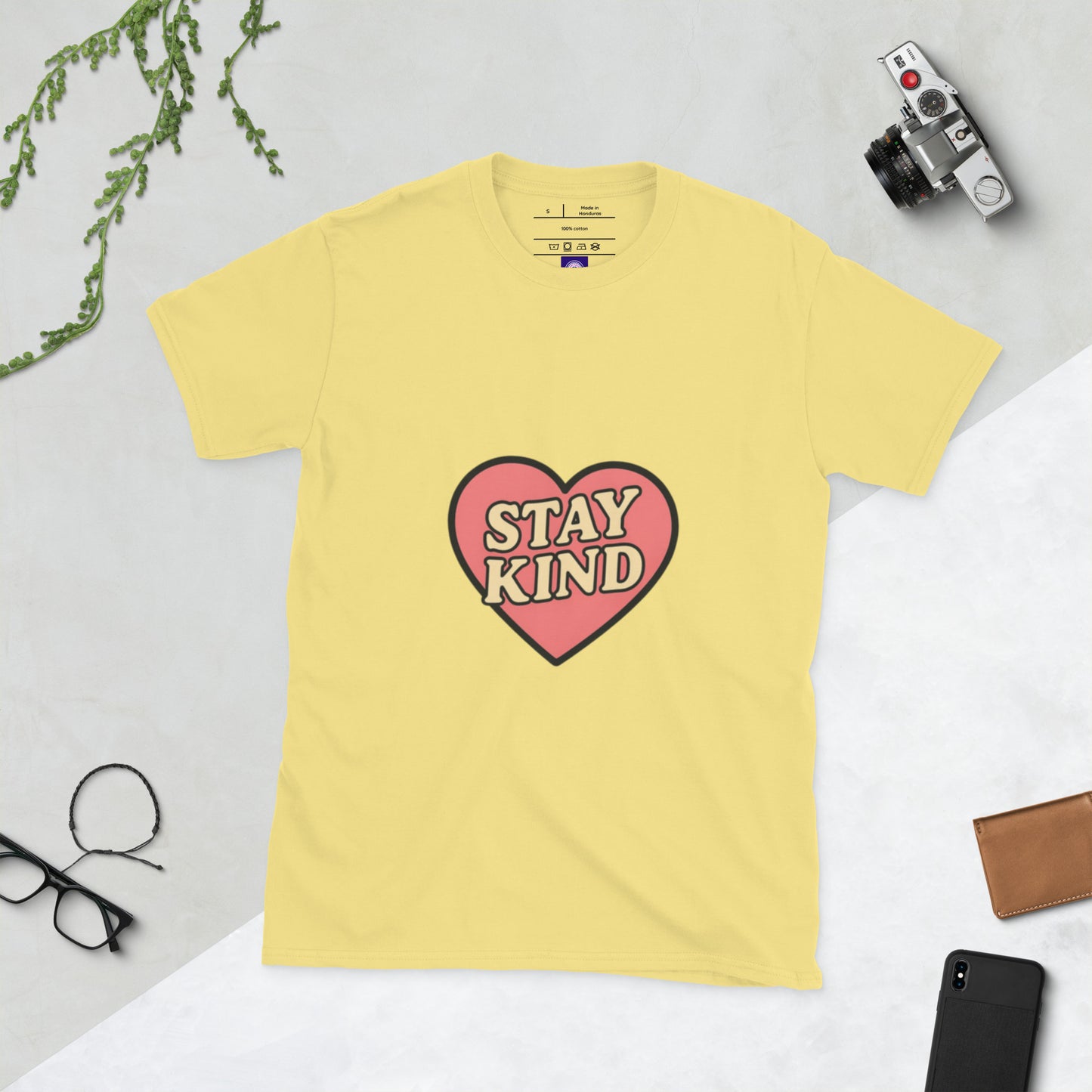 Stay Kind – Retro Heart Typography - Short-Sleeve Unisex T-Shirt - Graphic Tee - Cornsilk - Front