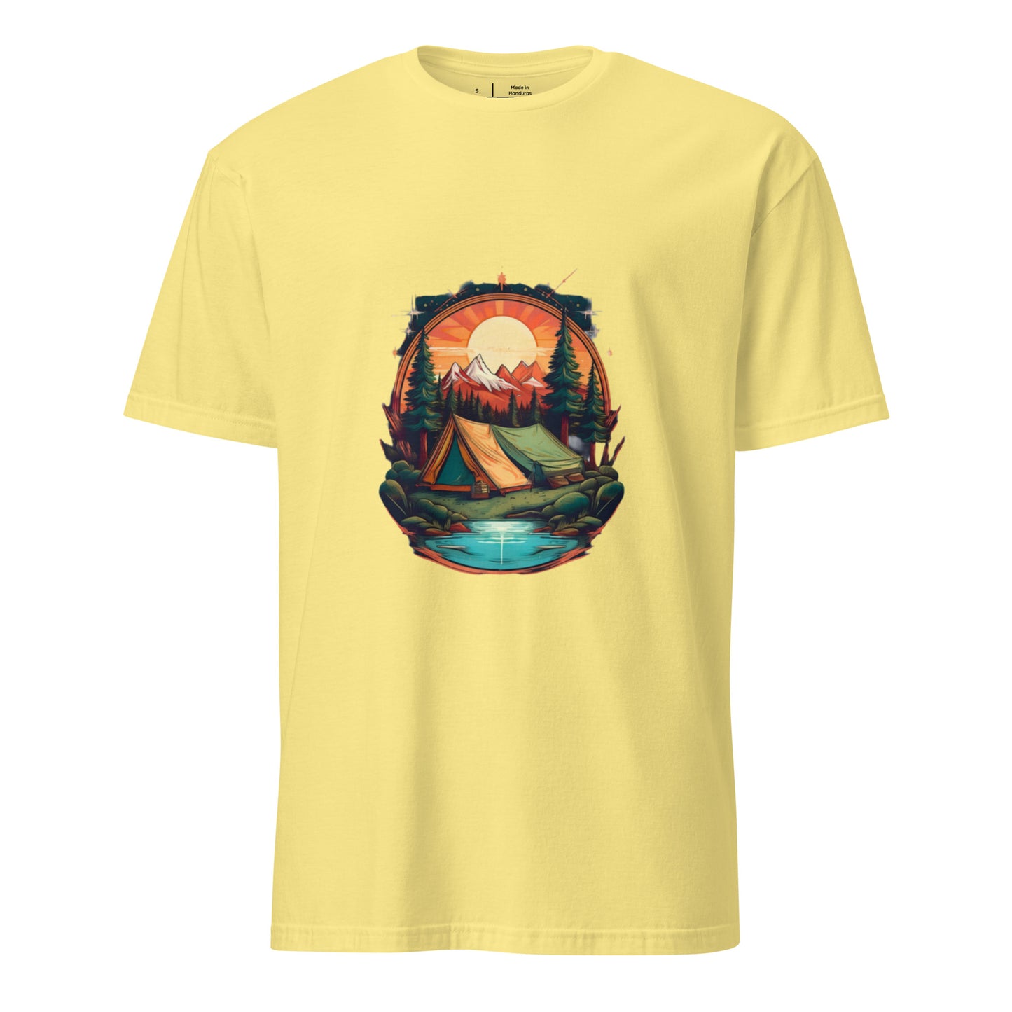 Golden Escape – Twin Tent Adventure - Short-Sleeve Unisex T-Shirt - Graphic Tee - Cornsilk - Front