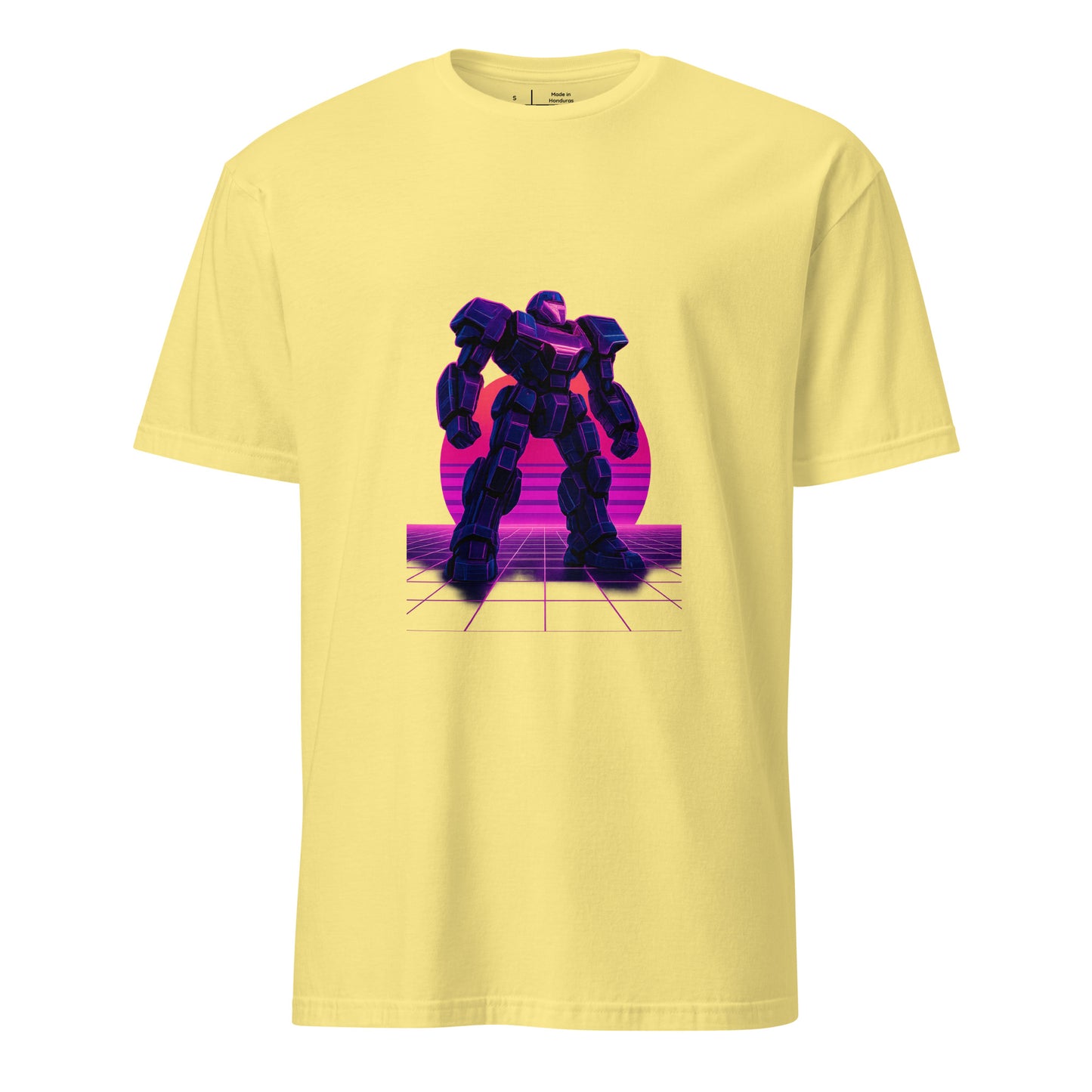 Synthwave Mech – Neon Titan - Short-Sleeve Unisex T-Shirt - Graphic Tee - Cornsilk - Front