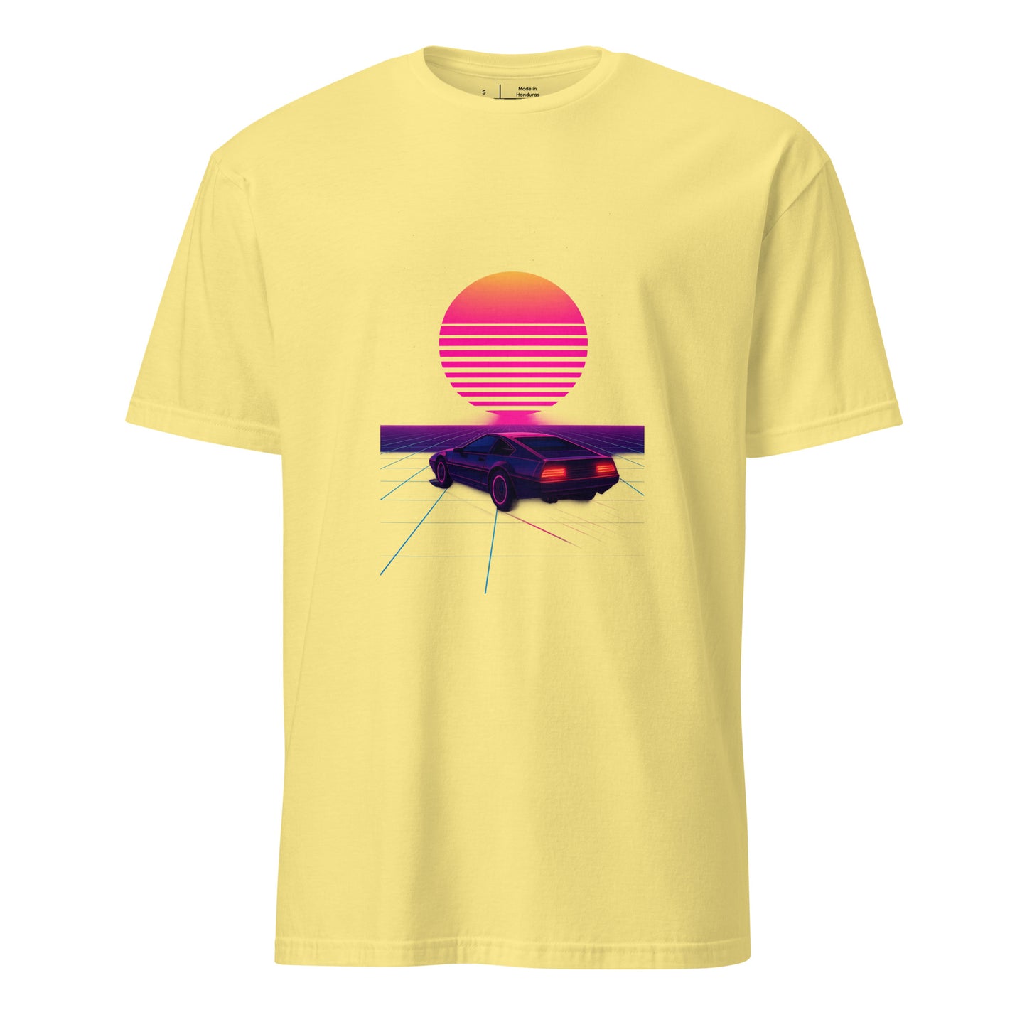 Retro Cyber Car – Neon Drive - Short-Sleeve Unisex T-Shirt - Graphic Tee - Cornsilk - Front