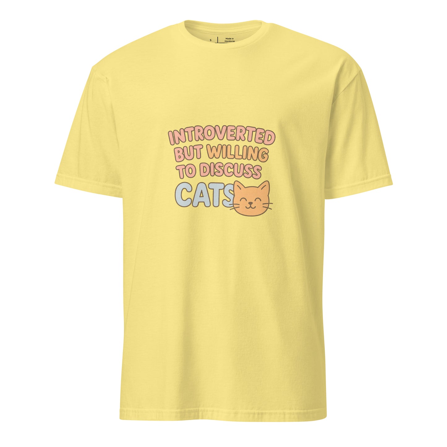Introverted But Willing To Discuss Cats – Cozy Cat Lovers - Short-Sleeve Unisex T-Shirt - Graphic Tee - Cornsilk - Front