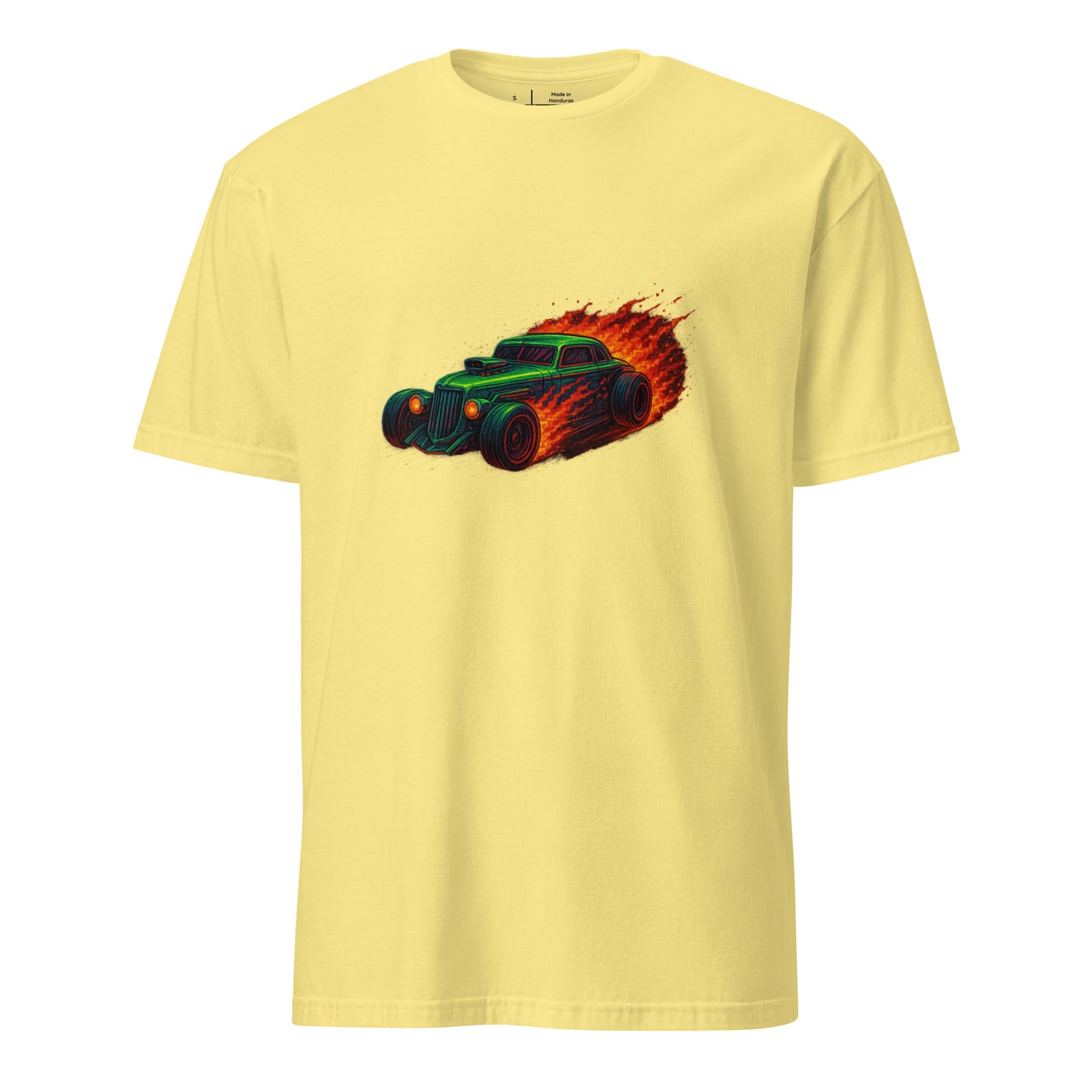 Pixel Hot Rod – Retro Fire Meets Digital - Short-Sleeve Unisex T-Shirt - Graphic Tee - Cornsilk - Front