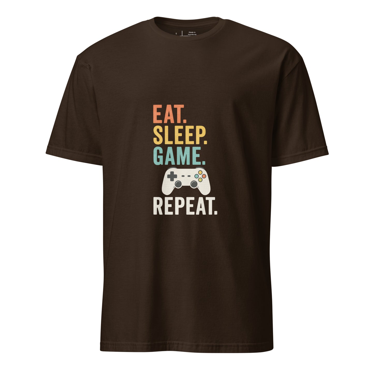 "Eat. Sleep. Game. Repeat." Retro Gamer - Short-Sleeve Unisex T-Shirt - Graphic Tee - Dark Chocolate - Front