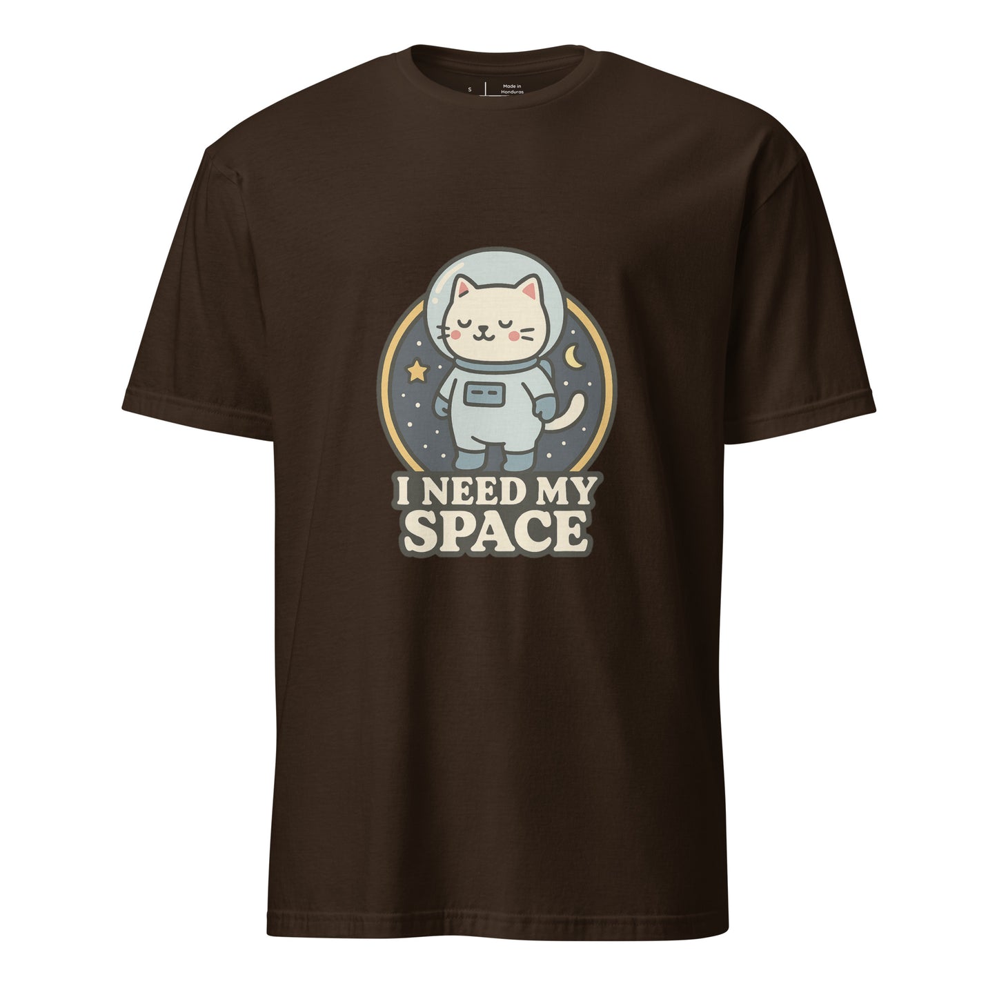 I Need Space – Lucky Cat Astronaut - Short-Sleeve Unisex T-Shirt - Graphic Tee - Dark Chocolate - Front