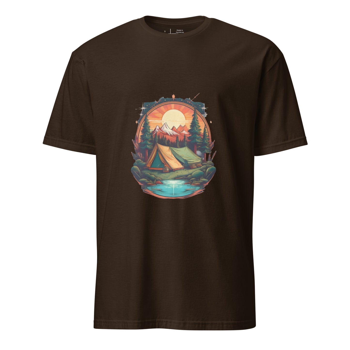 Golden Escape – Twin Tent Adventure - Short-Sleeve Unisex T-Shirt - Graphic Tee - Dark Chocolate - Front
