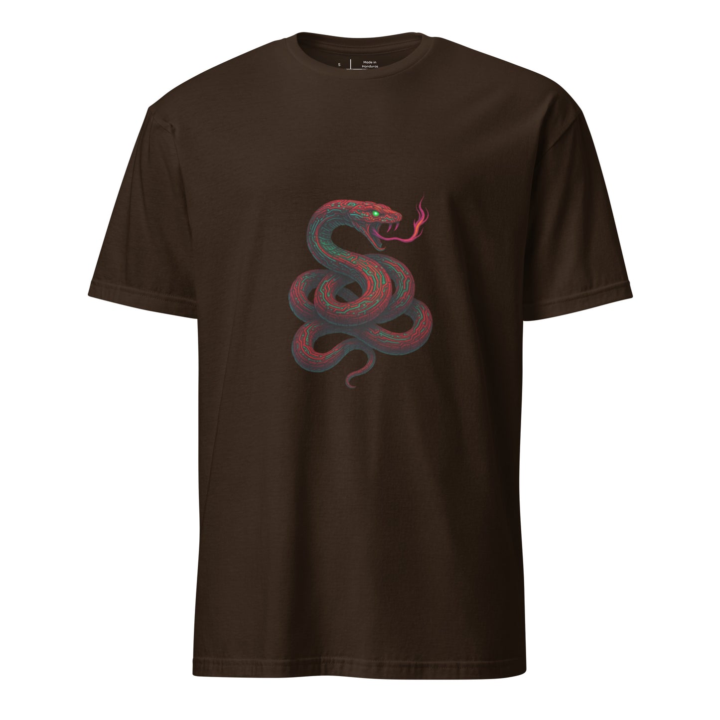 Circuit Serpent – Neon Tech Snake - Short-Sleeve Unisex T-Shirt - Graphic Tee - Dark Chocolate - Front