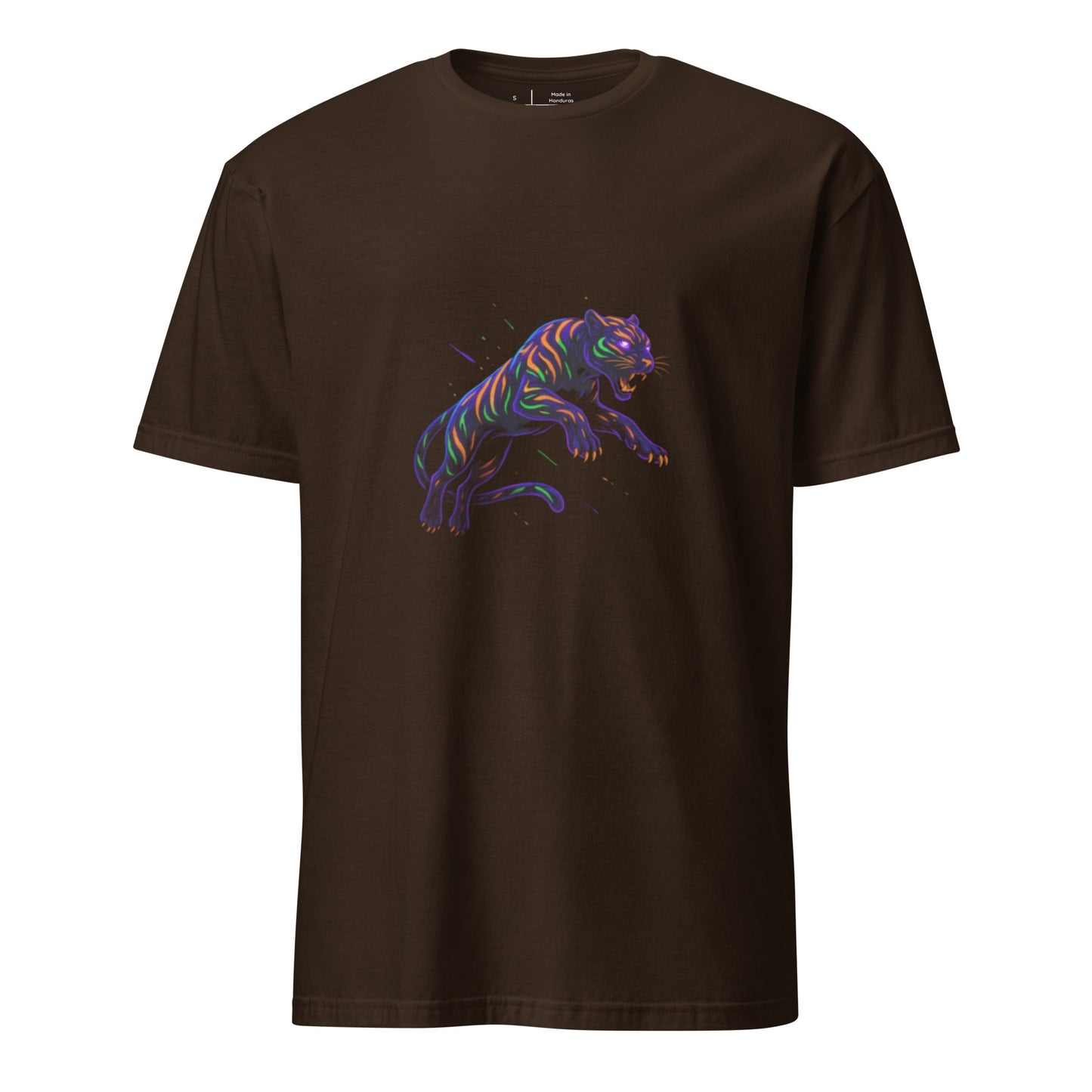 Rave Panther – Neon Tribal Predator - Short-Sleeve Unisex T-Shirt - Graphic Tee - Dark Chocolate - Front
