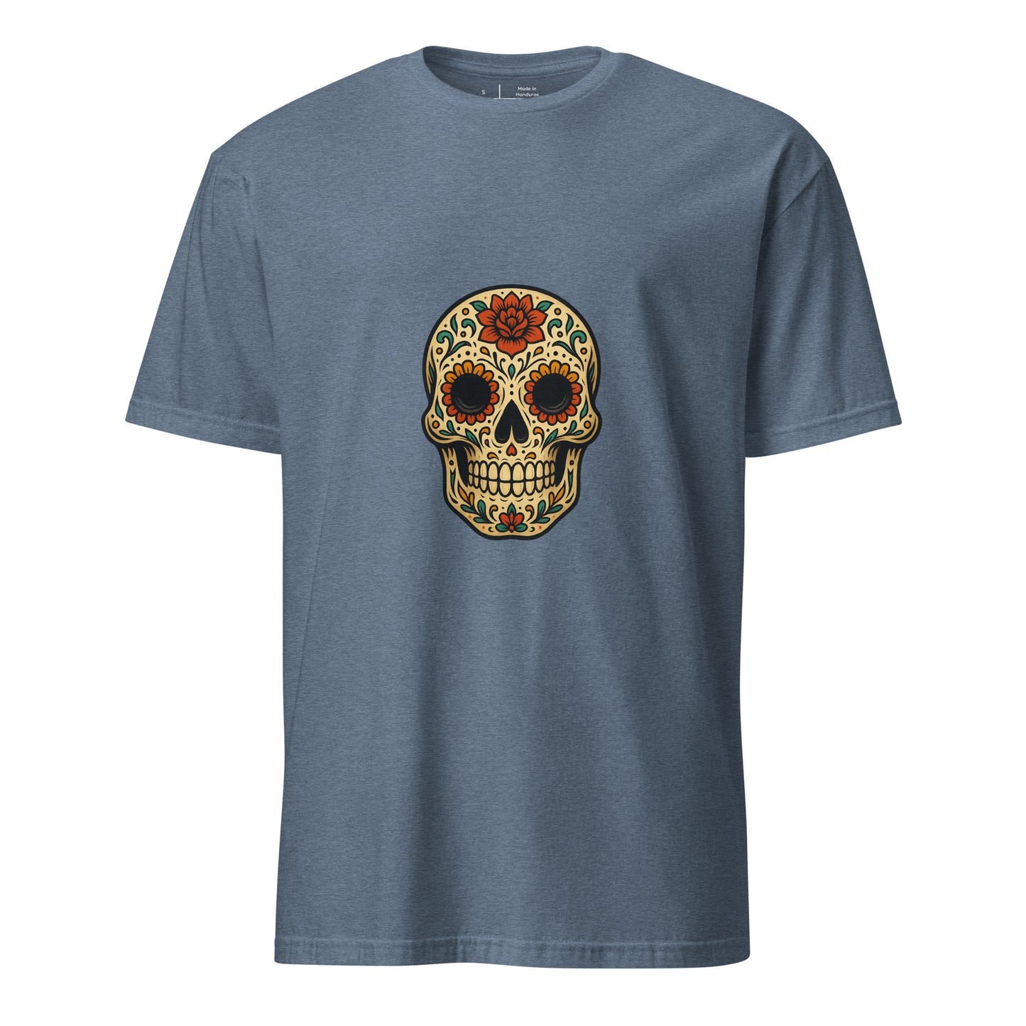 Day Of The Dead Skull – Floral Edition - Short-Sleeve Unisex T-Shirt - Graphic Tee - Heather Indigo - Front