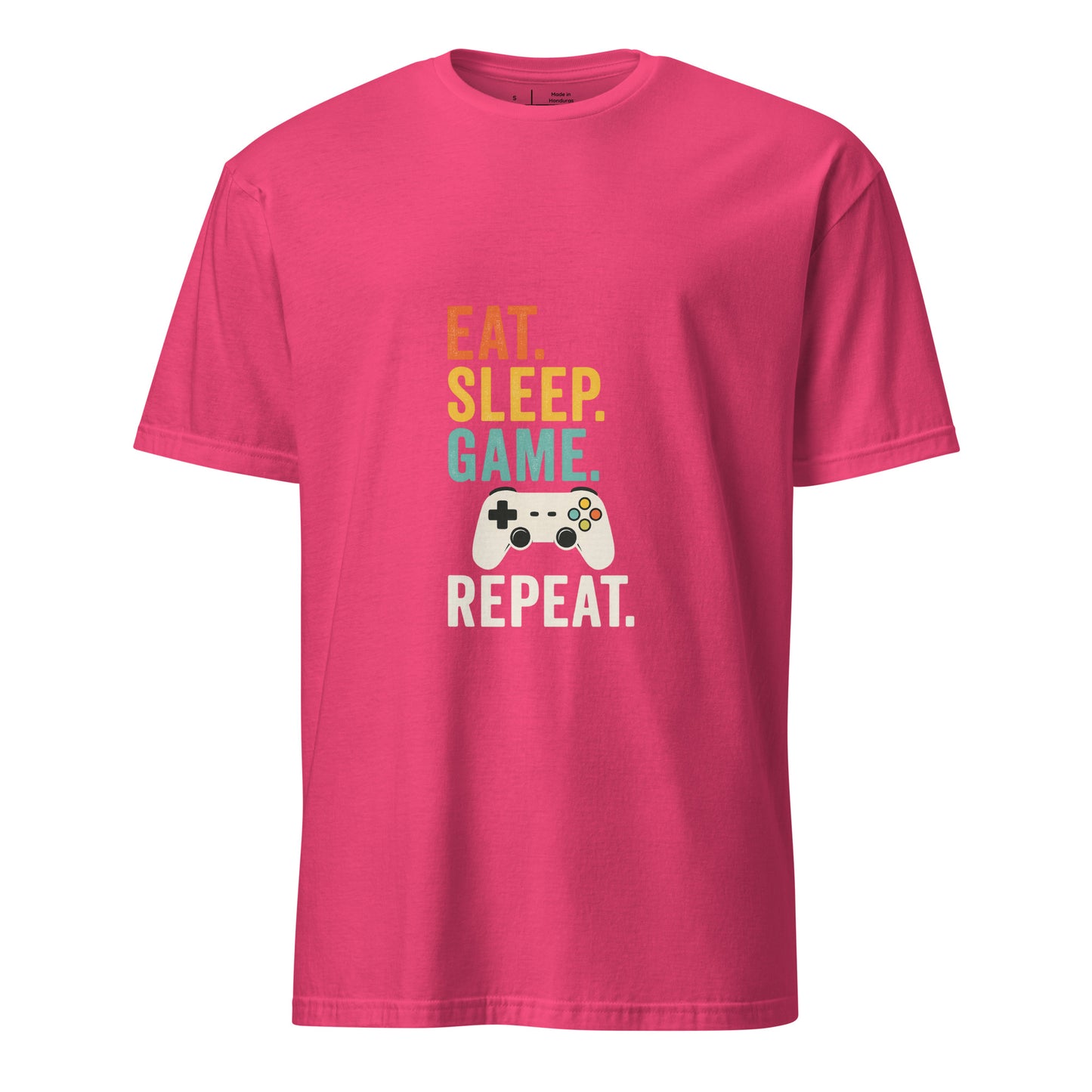 "Eat. Sleep. Game. Repeat." Retro Gamer - Short-Sleeve Unisex T-Shirt - Graphic Tee - Heliconia - Front