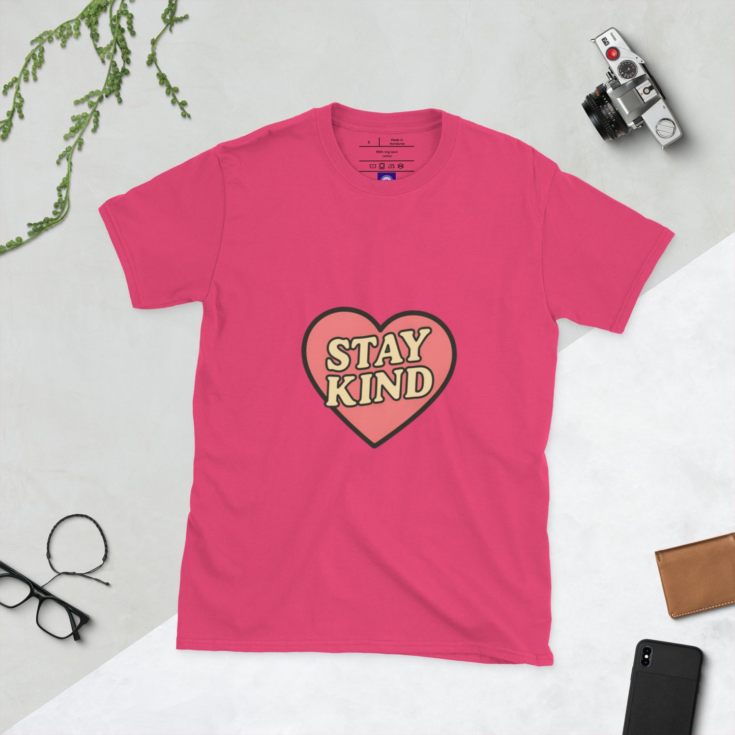 Stay Kind – Retro Heart Typography - Short-Sleeve Unisex T-Shirt - Graphic Tee - Heliconia - Front