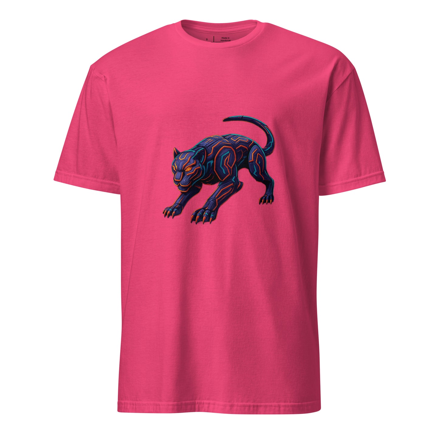 Cyber Jaguar – Neon Predator - Short-Sleeve Unisex T-Shirt - Graphic Tee - Heliconia - Front