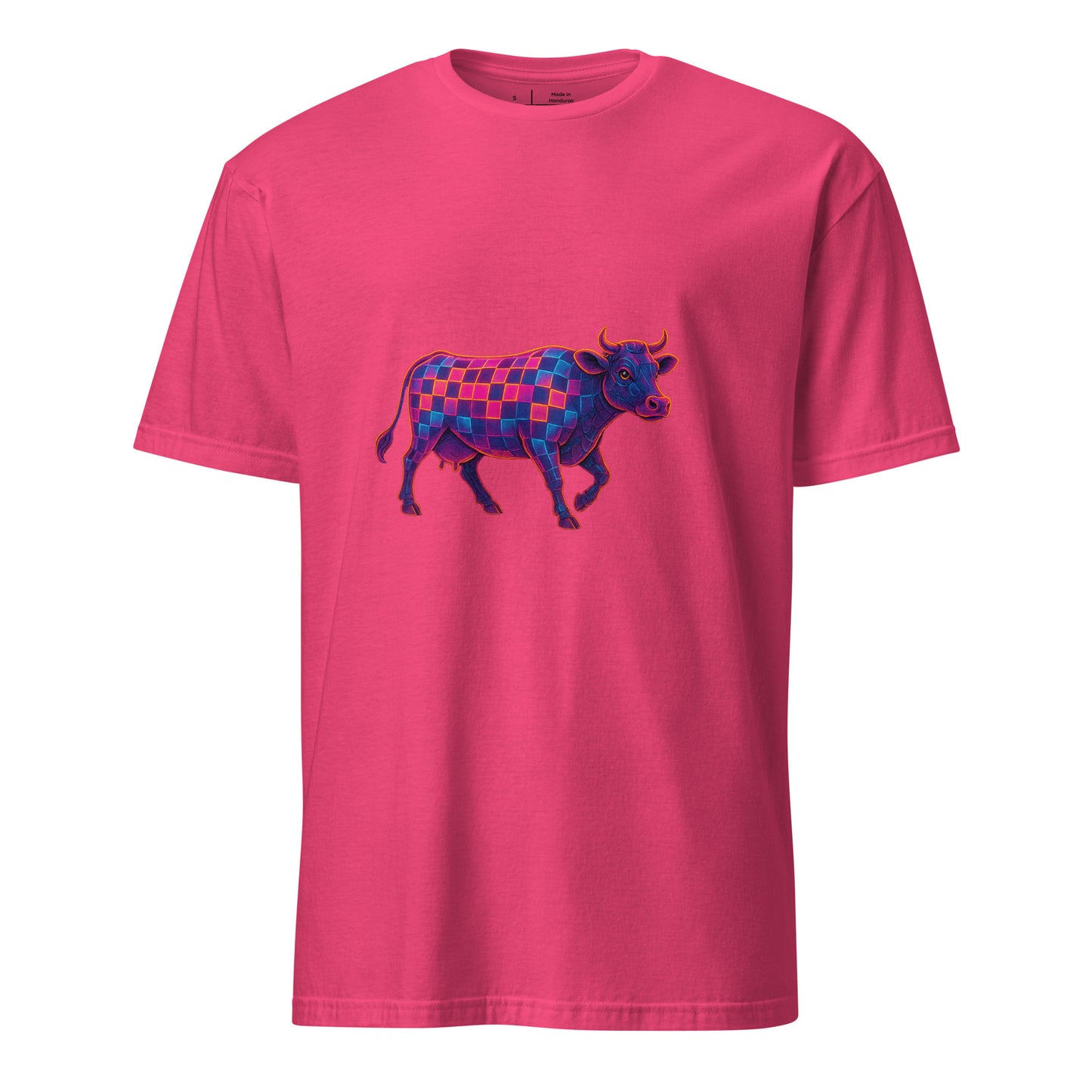 Cyber Cow – Futuristic Neon Bovine - Short-Sleeve Unisex T-Shirt - Graphic Tee - Heliconia - Front