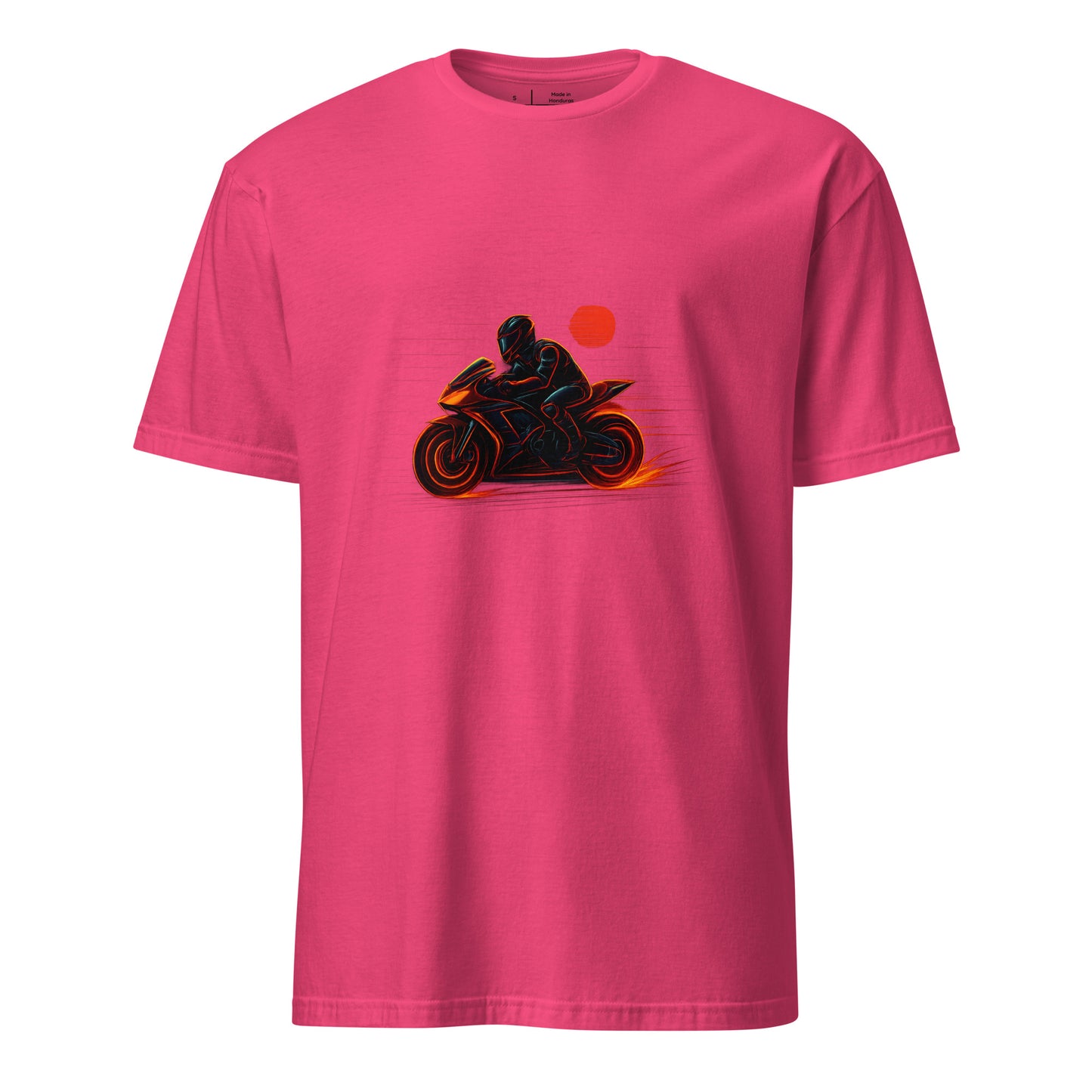 Neon Rider – Blaze Through the Digital Highway - Short-Sleeve Unisex T-Shirt - Graphic Tee - Heliconia - Front