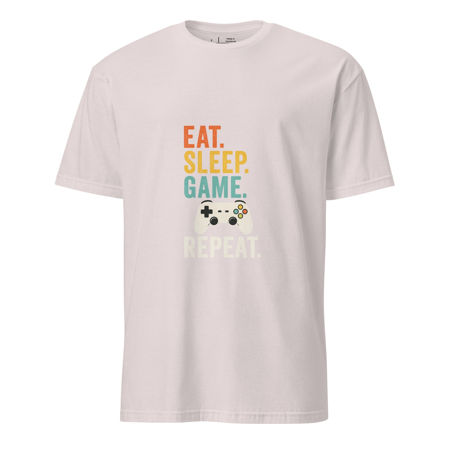 "Eat. Sleep. Game. Repeat." Retro Gamer - Short-Sleeve Unisex T-Shirt - Graphic Tee - Ice Grey - Front