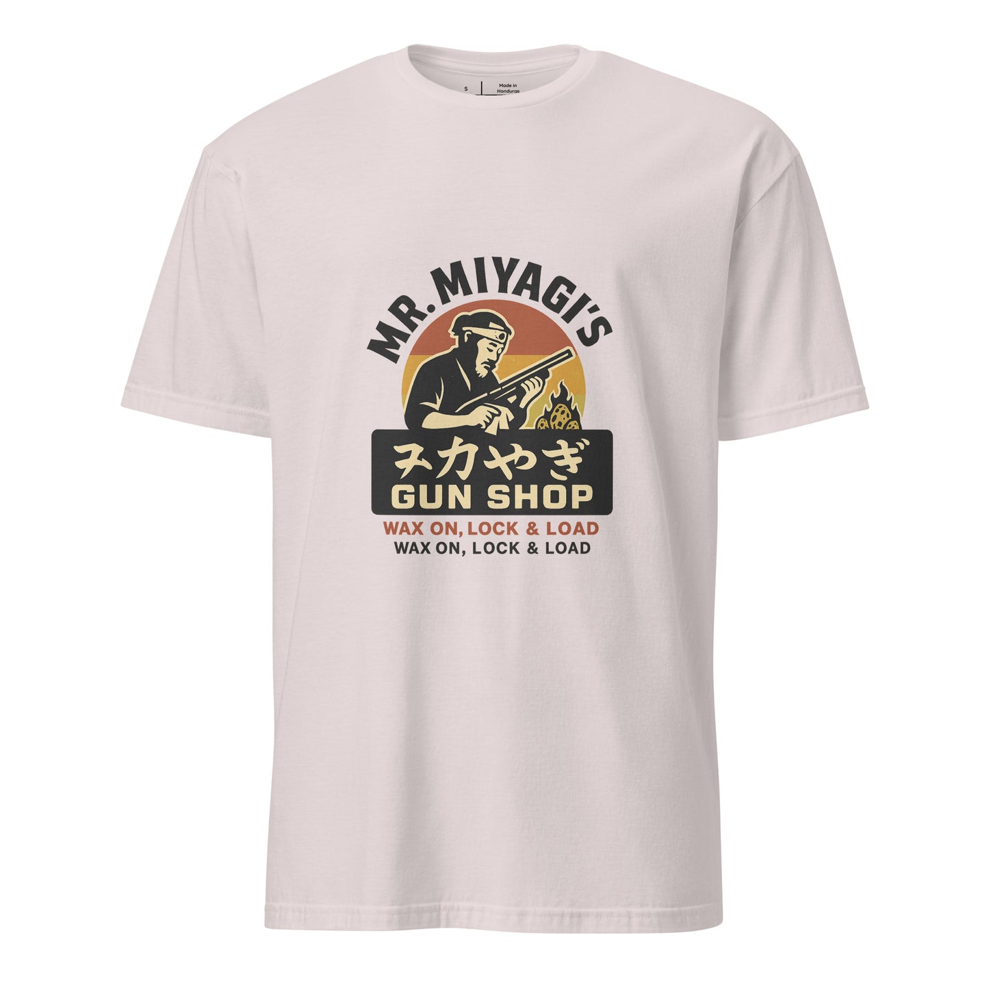 Mr. Miyagi’s Gun Shop – Wax On, Lock & Load - Short-Sleeve Unisex T-Shirt - Graphic Tee - Ice Grey - Front