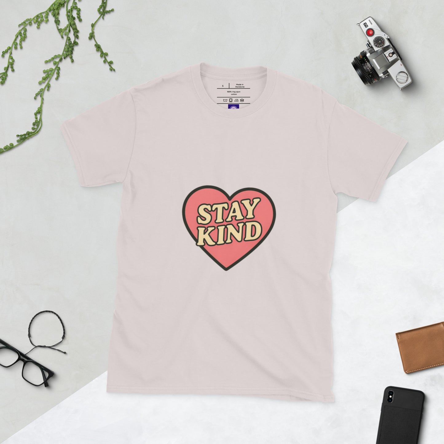 Stay Kind – Retro Heart Typography - Short-Sleeve Unisex T-Shirt - Graphic Tee - Ice Grey - Front