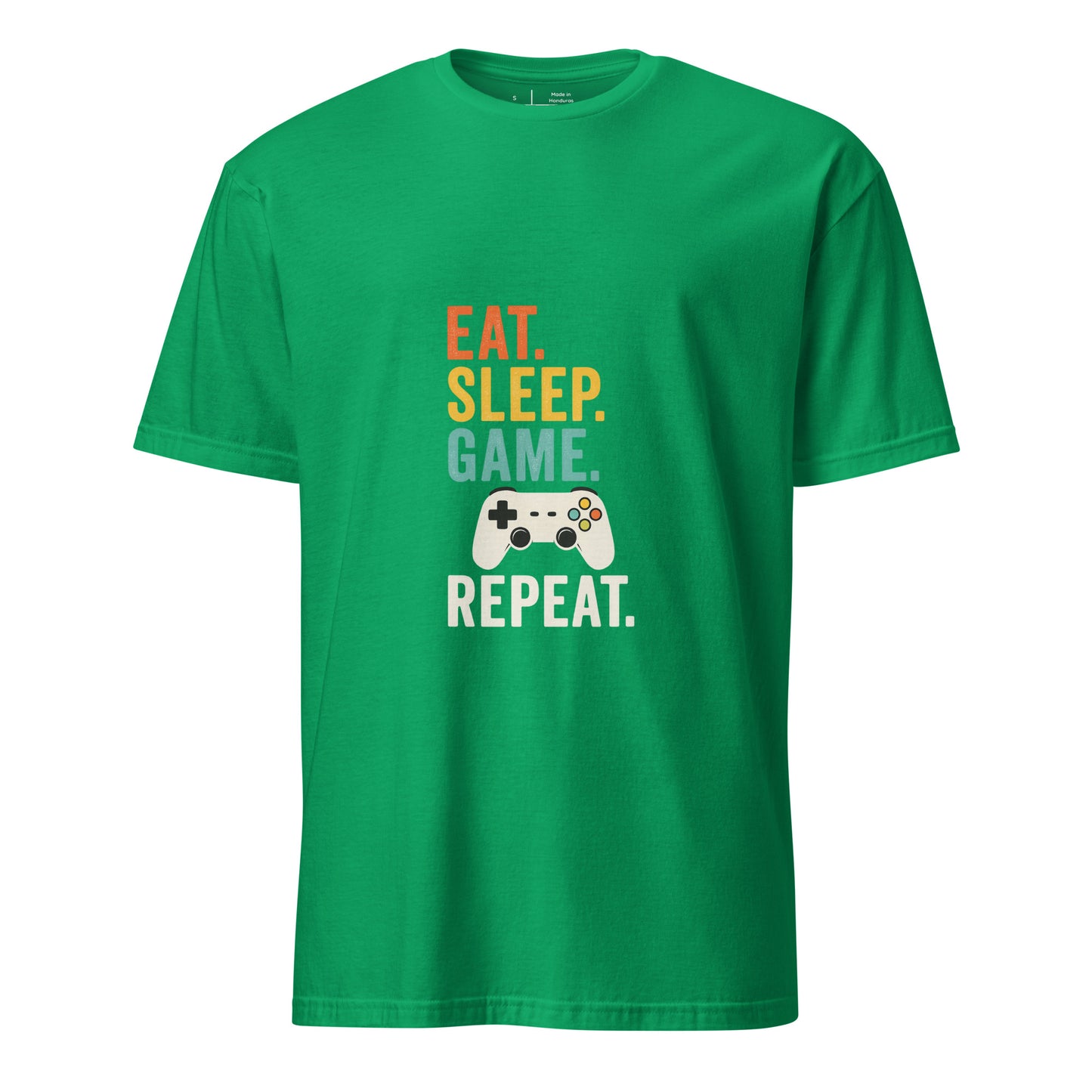 "Eat. Sleep. Game. Repeat." Retro Gamer - Short-Sleeve Unisex T-Shirt - Graphic Tee - Irish Green - Front