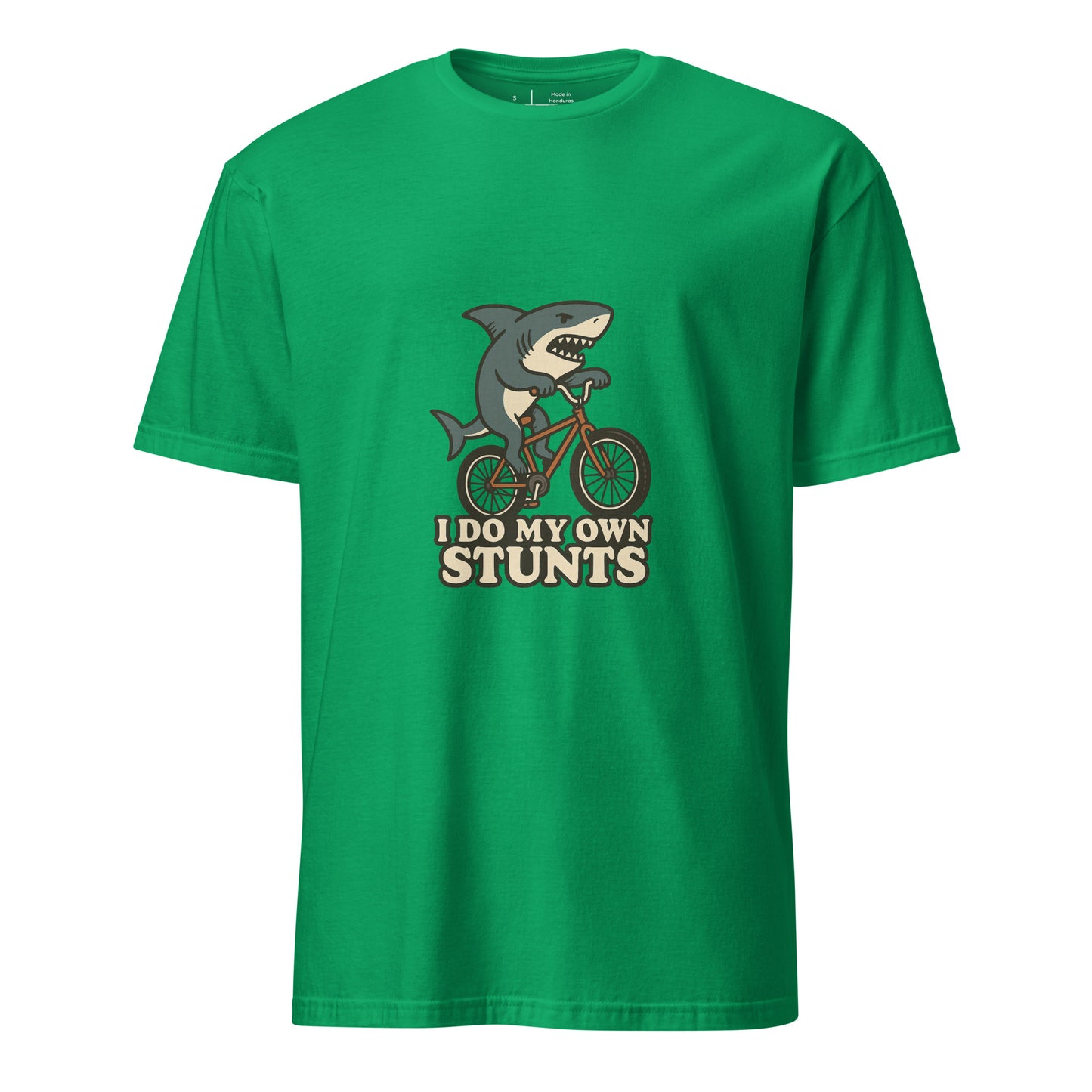 I Do My Own Stunts – Cartoon Shark BMX - Short-Sleeve Unisex T-Shirt - Graphic Tee - Irish Green - Front