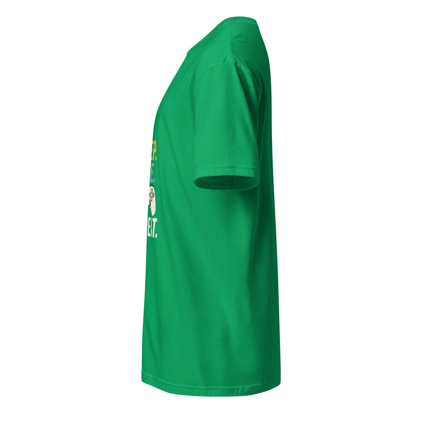 "Eat. Sleep. Game. Repeat." Retro Gamer - Short-Sleeve Unisex T-Shirt - Graphic Tee - Irish Green - Left side