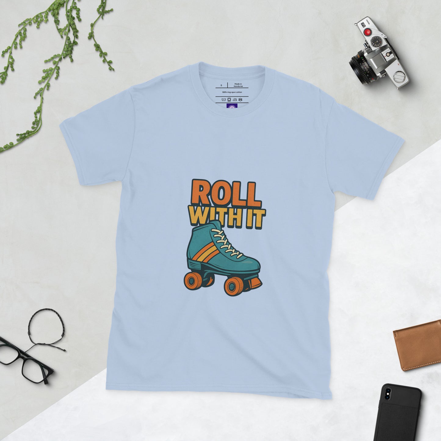 Roll With It - Retro Roller Skate Vibes - Short-Sleeve Unisex T-Shirt - Graphic Tee - Light Blue- Front