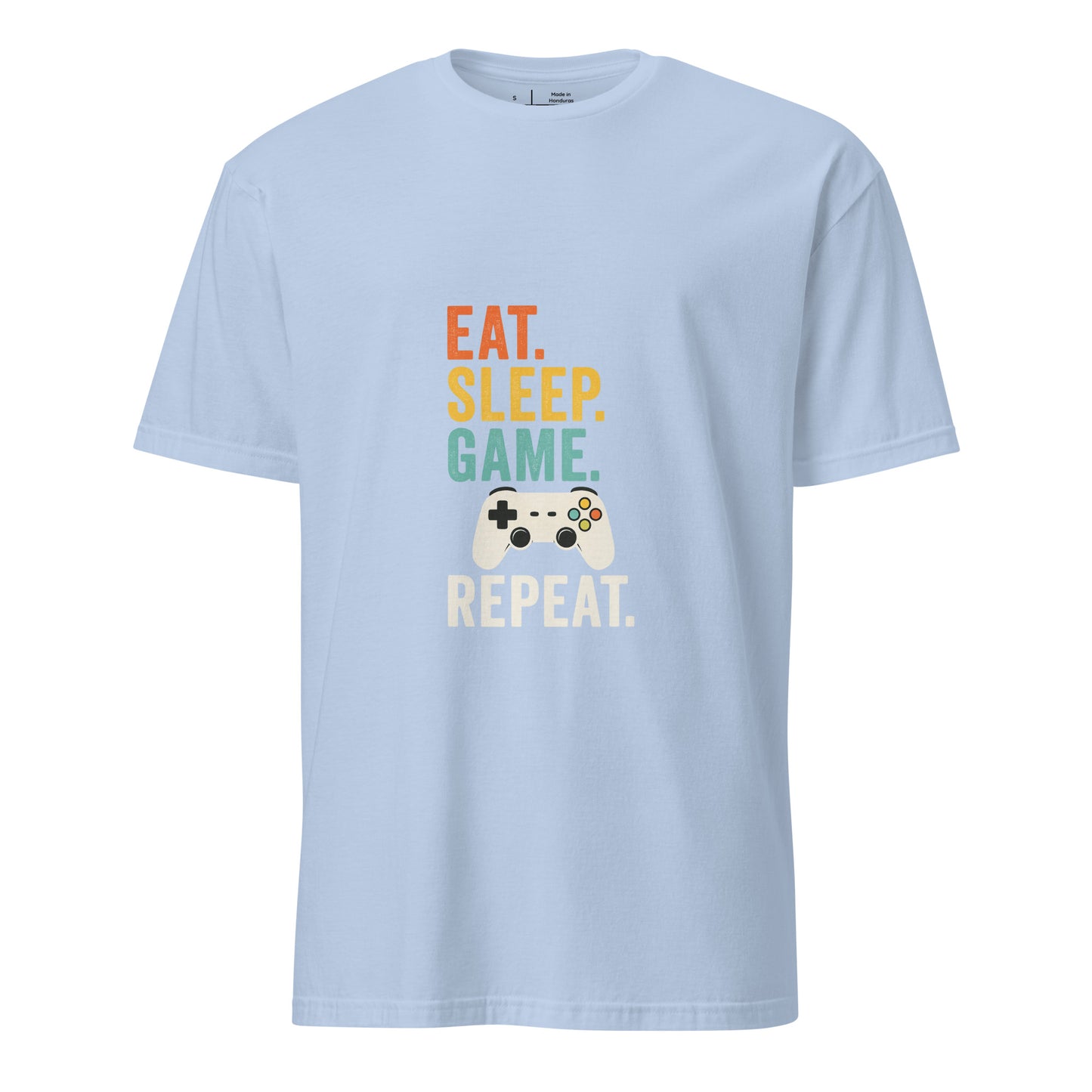 "Eat. Sleep. Game. Repeat." Retro Gamer - Short-Sleeve Unisex T-Shirt - Graphic Tee - Light Blue - Front