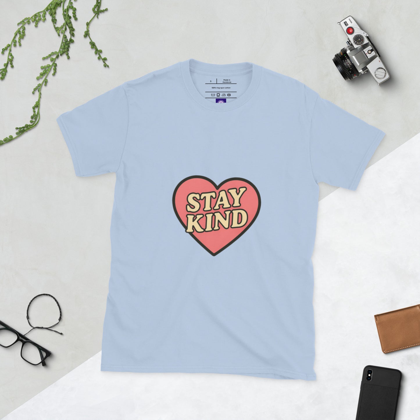 Stay Kind – Retro Heart Typography - Short-Sleeve Unisex T-Shirt - Graphic Tee - Light Blue - Front