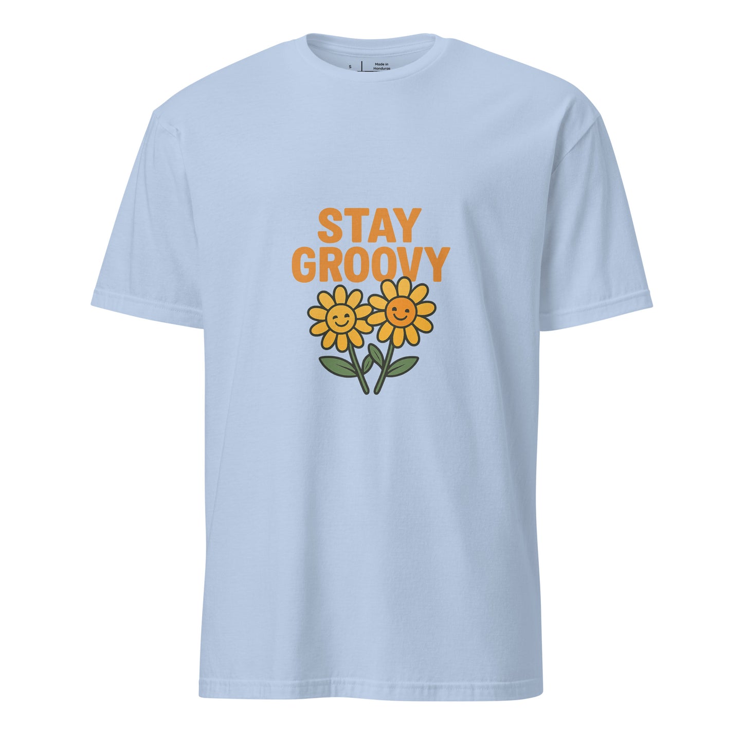 Stay Groovy – Retro Flower Power - Short-Sleeve Unisex T-Shirt - Graphic Tee - Light Blue - Front