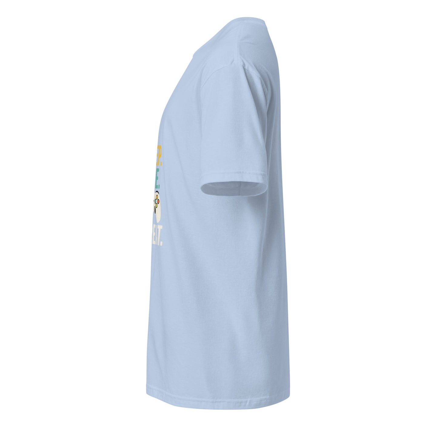"Eat. Sleep. Game. Repeat." Retro Gamer - Short-Sleeve Unisex T-Shirt - Graphic Tee - Light Blue - Left side