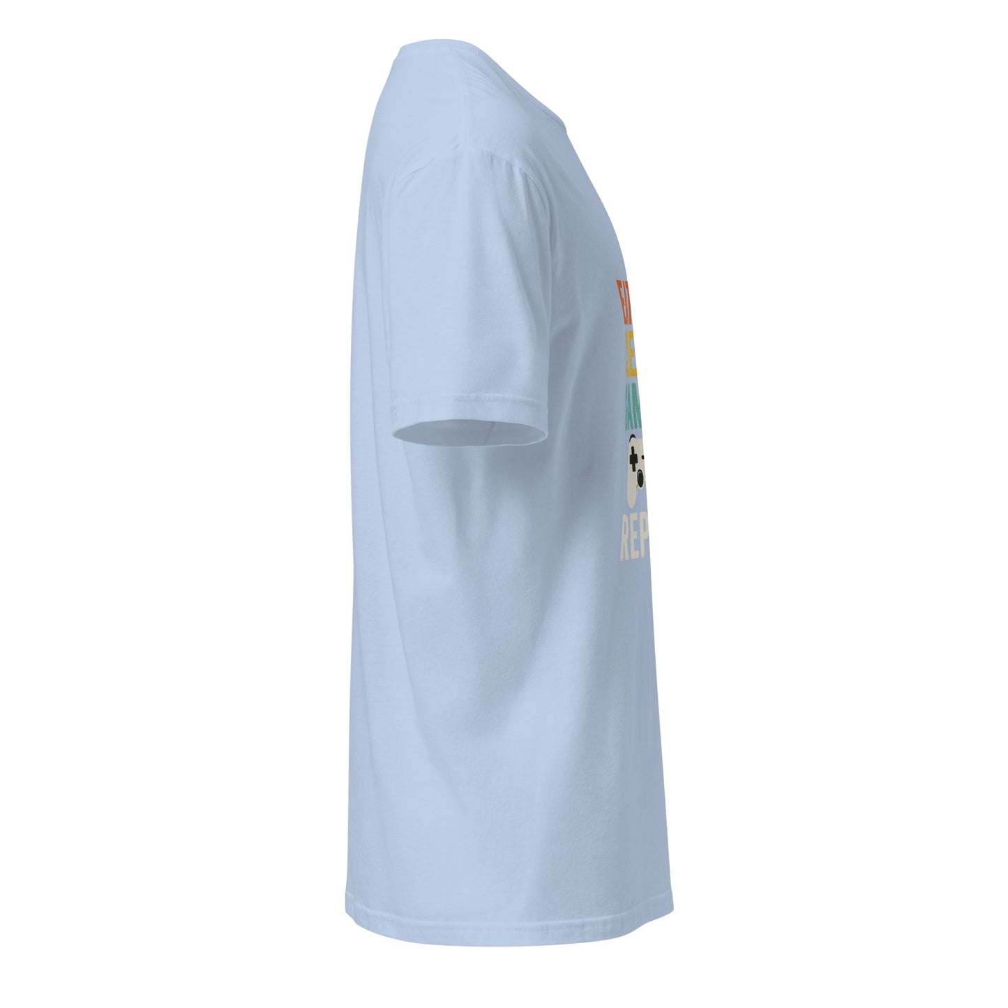 "Eat. Sleep. Game. Repeat." Retro Gamer - Short-Sleeve Unisex T-Shirt - Graphic Tee - Light Blue - Right side
