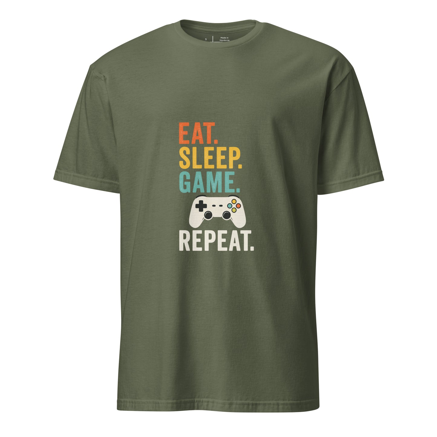 "Eat. Sleep. Game. Repeat." Retro Gamer - Short-Sleeve Unisex T-Shirt - Graphic Tee - Military Green - Front