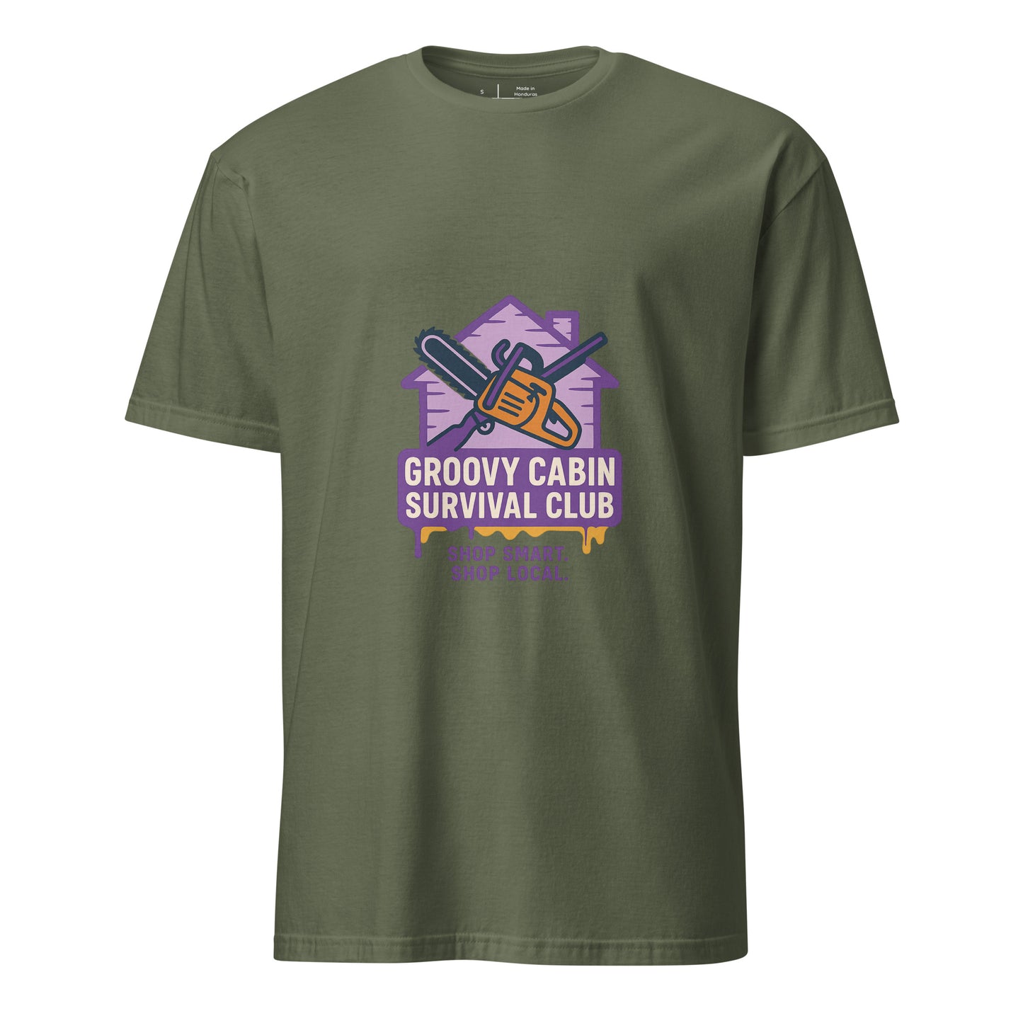 Groovy Cabin- Retro Horror Vibes - Short-Sleeve Unisex T-Shirt - Graphic Tee - Military Green - Front