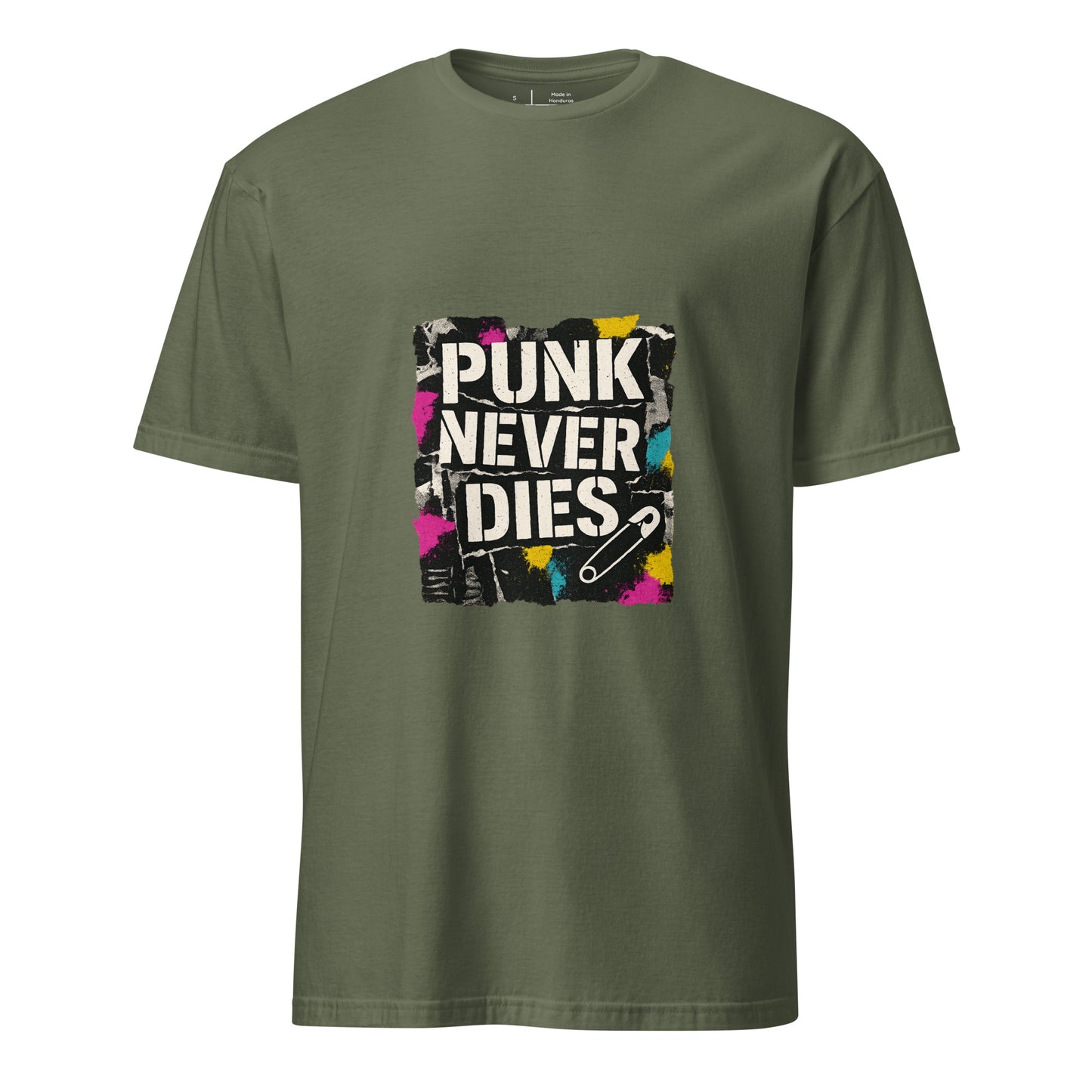 Punk Never Dies – Retro Punk Rock - Short-Sleeve Unisex T-Shirt - Graphic Tee - Military Green - Front