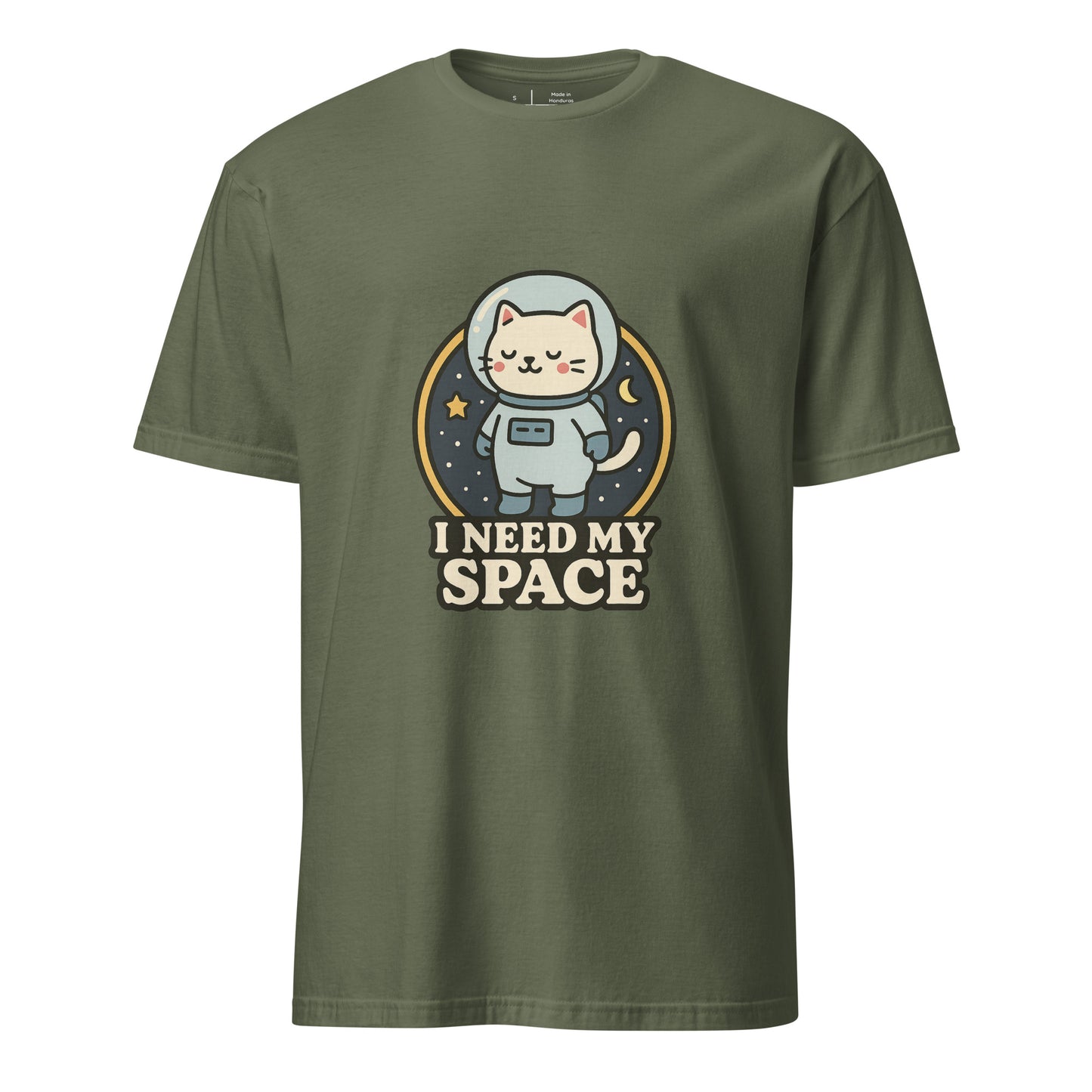 I Need Space – Lucky Cat Astronaut - Short-Sleeve Unisex T-Shirt - Graphic Tee - Military Green - Front