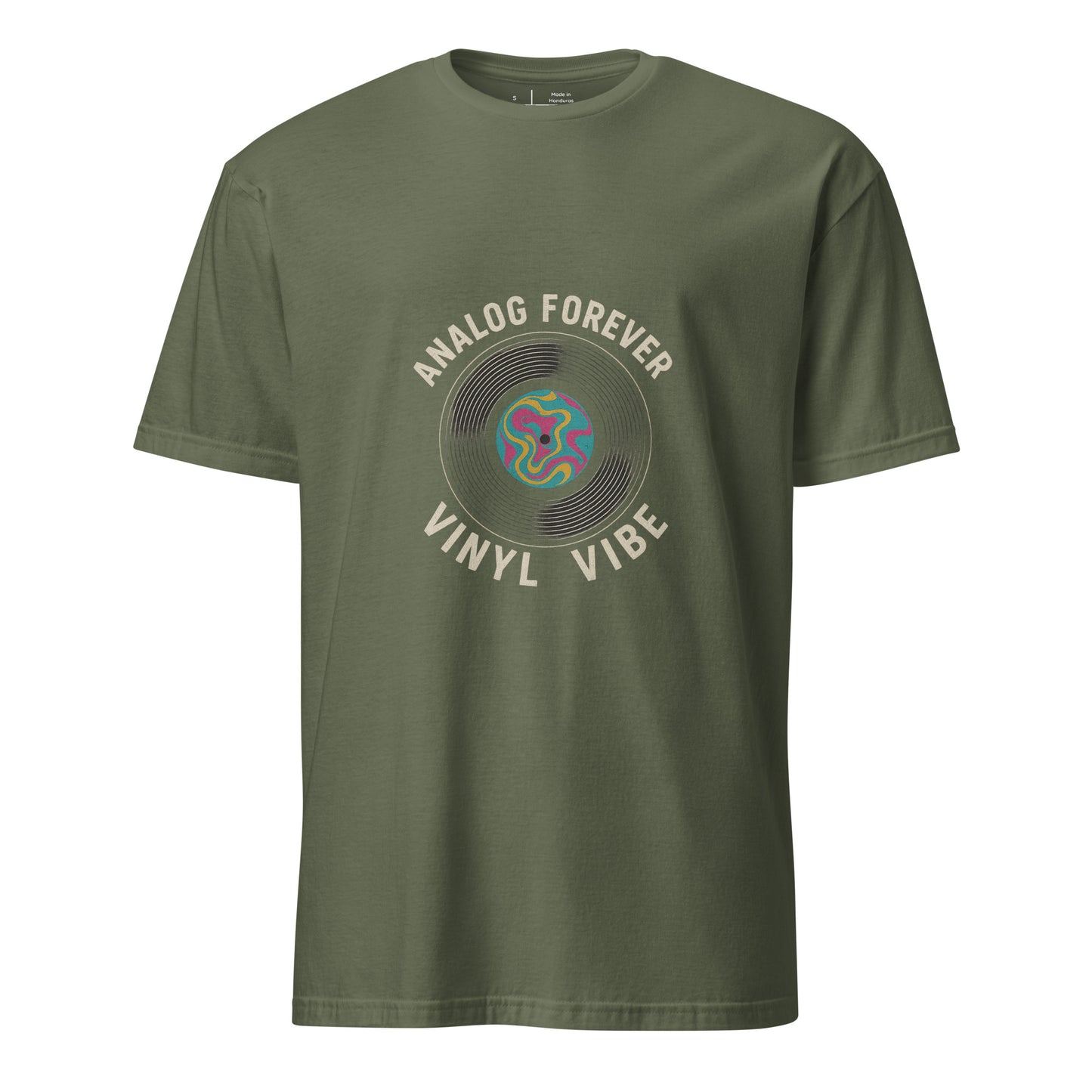Analog Forever – Vinyl Vibe - Short-Sleeve Unisex T-Shirt - Graphic Tee -
Military Green - Front