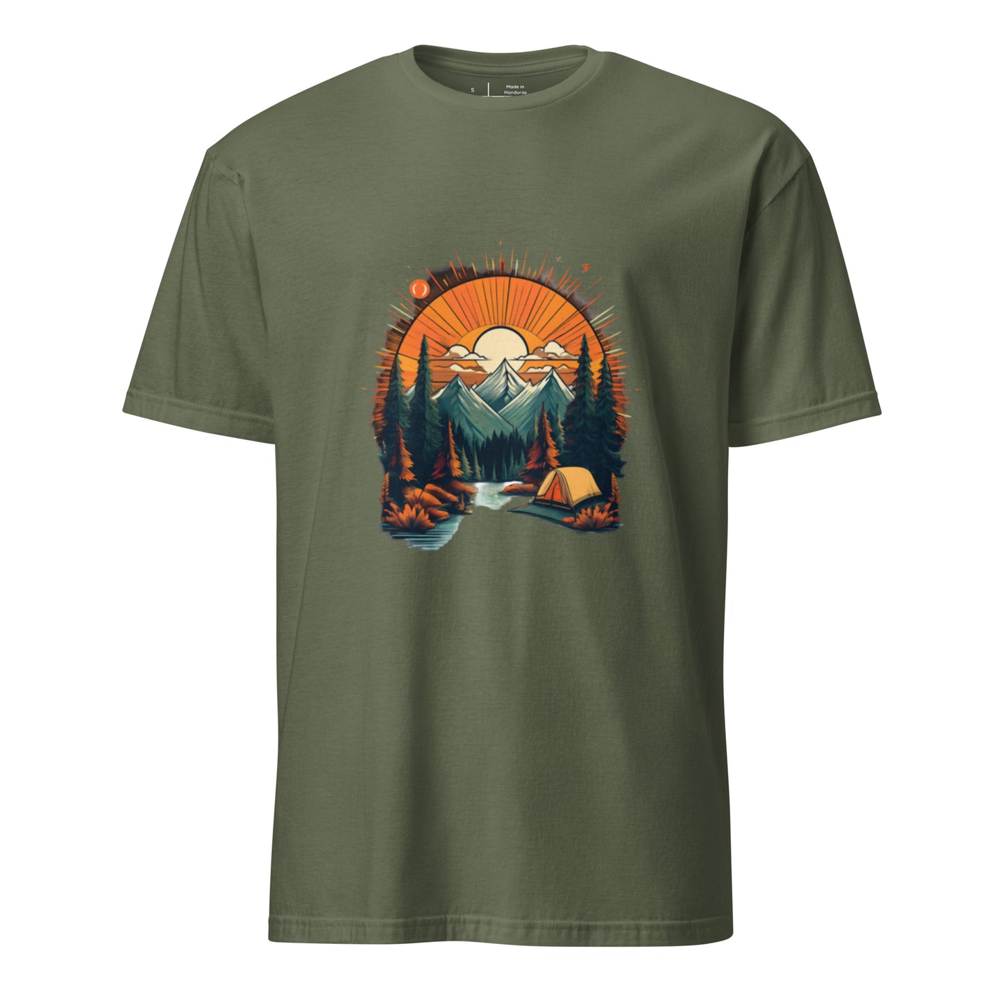 Golden Sunset Camping Escape – Adventure - Short-Sleeve Unisex T-Shirt - Graphic Tee - Military Green - Front