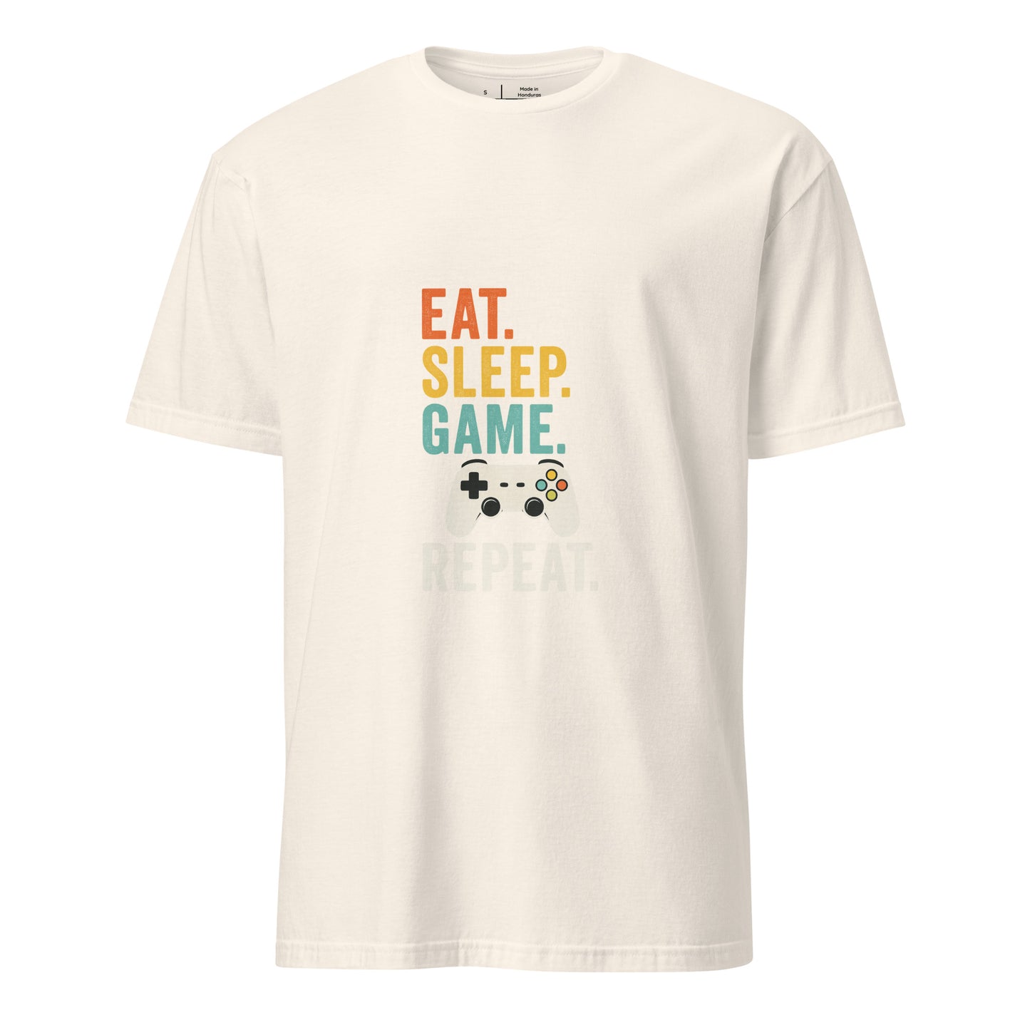 "Eat. Sleep. Game. Repeat." Retro Gamer - Short-Sleeve Unisex T-Shirt - Graphic Tee - Natural - Front