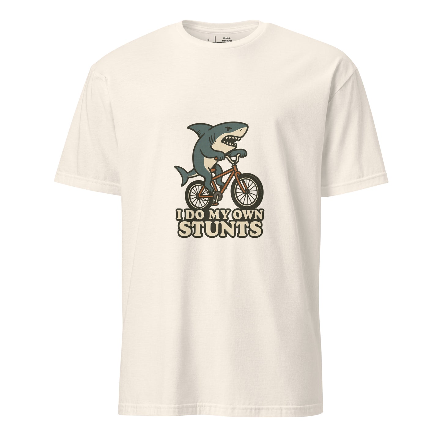 I Do My Own Stunts – Cartoon Shark BMX - Short-Sleeve Unisex T-Shirt - Graphic Tee - Natural - Front